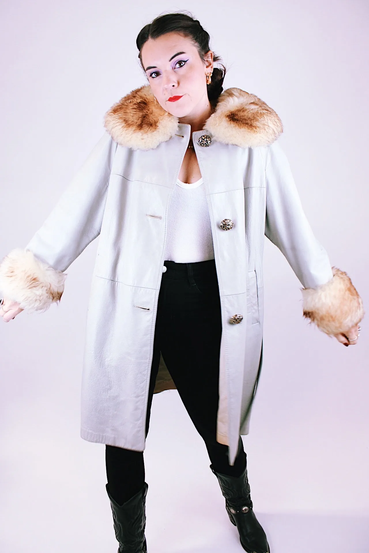 Leather Coat with Faux Fur Trim
