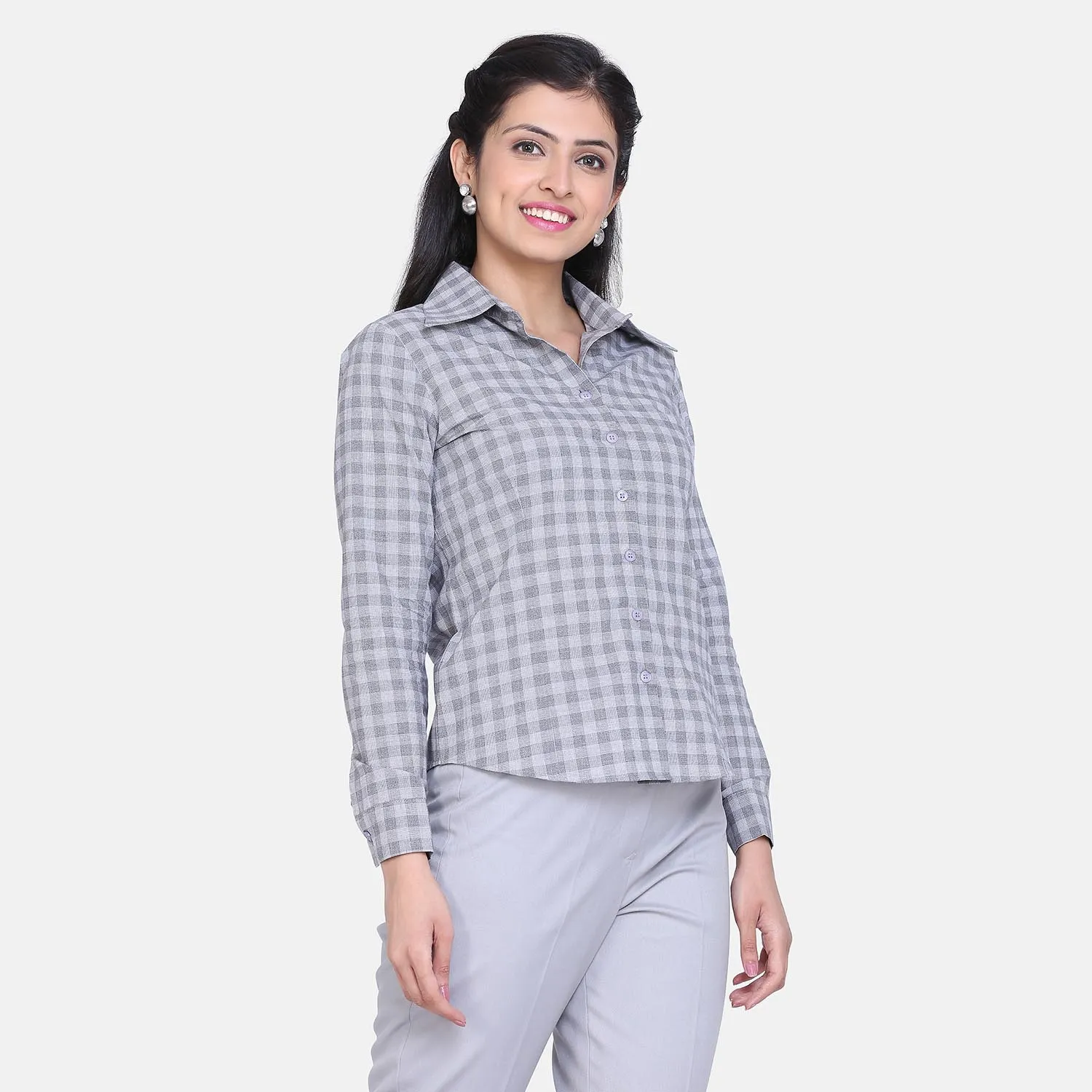 Light Grey Check Collared Cotton Classic Office Shirt
