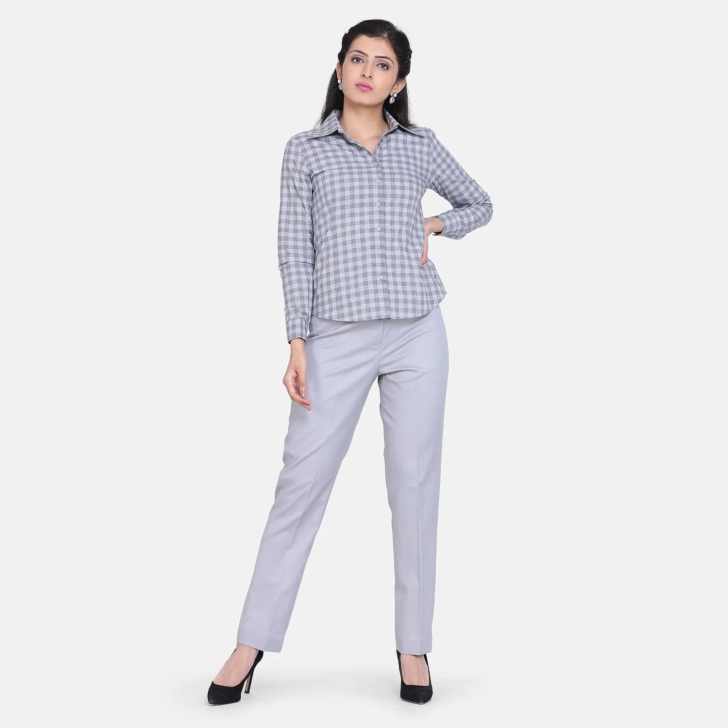 Light Grey Check Collared Cotton Classic Office Shirt