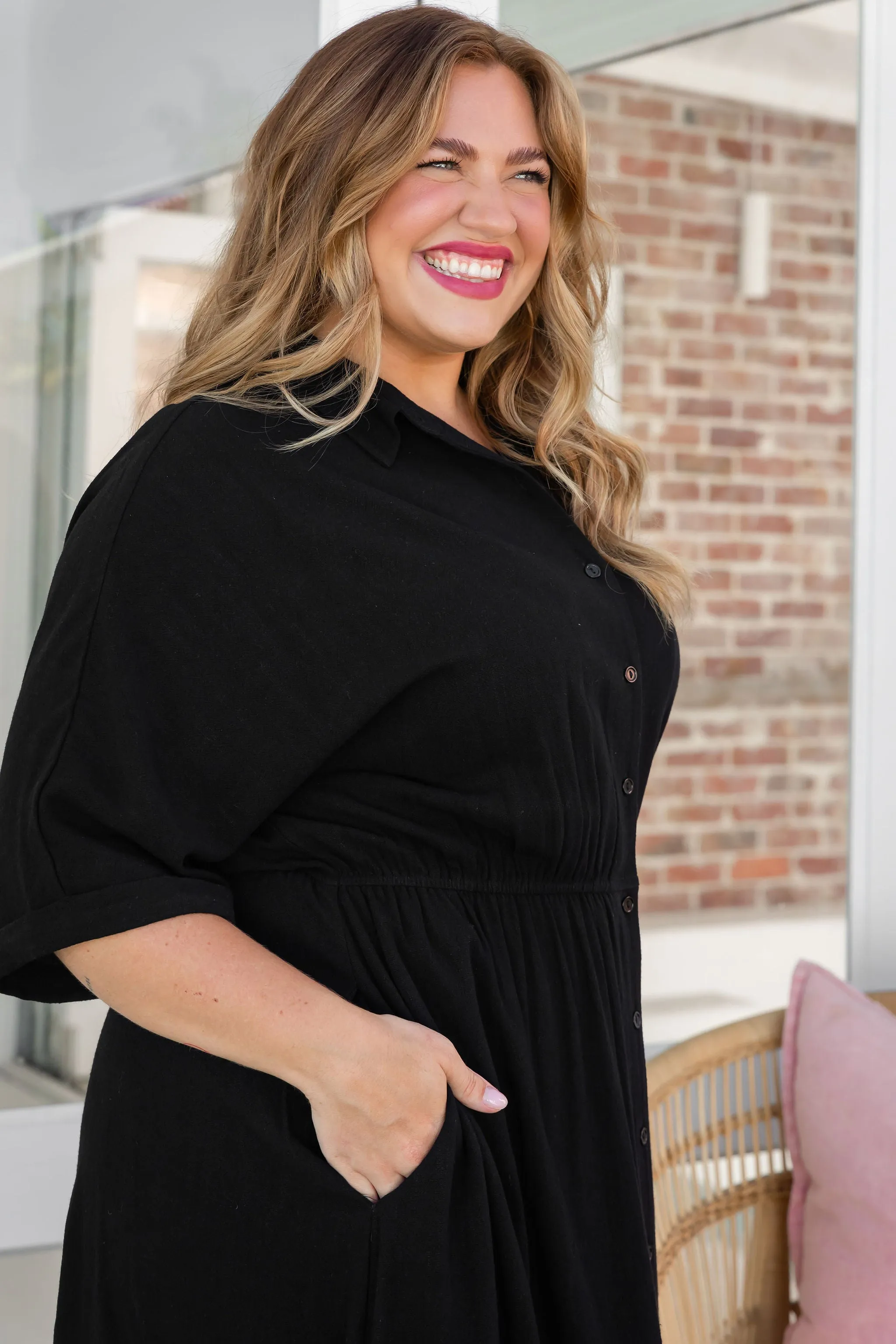 Maddy Linen Blend Midi Dress in Black