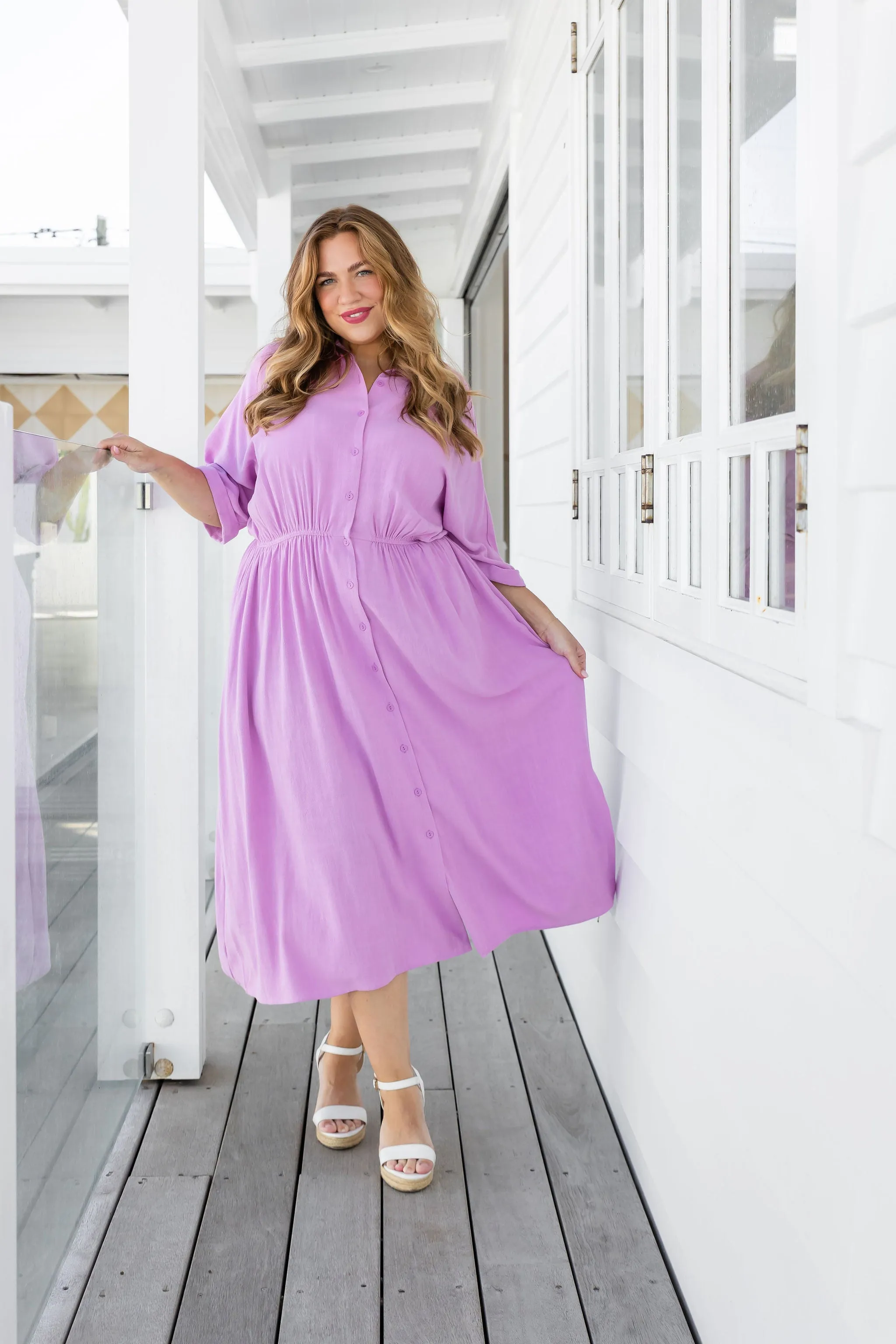 Maddy Linen Blend Midi Dress in Lilac
