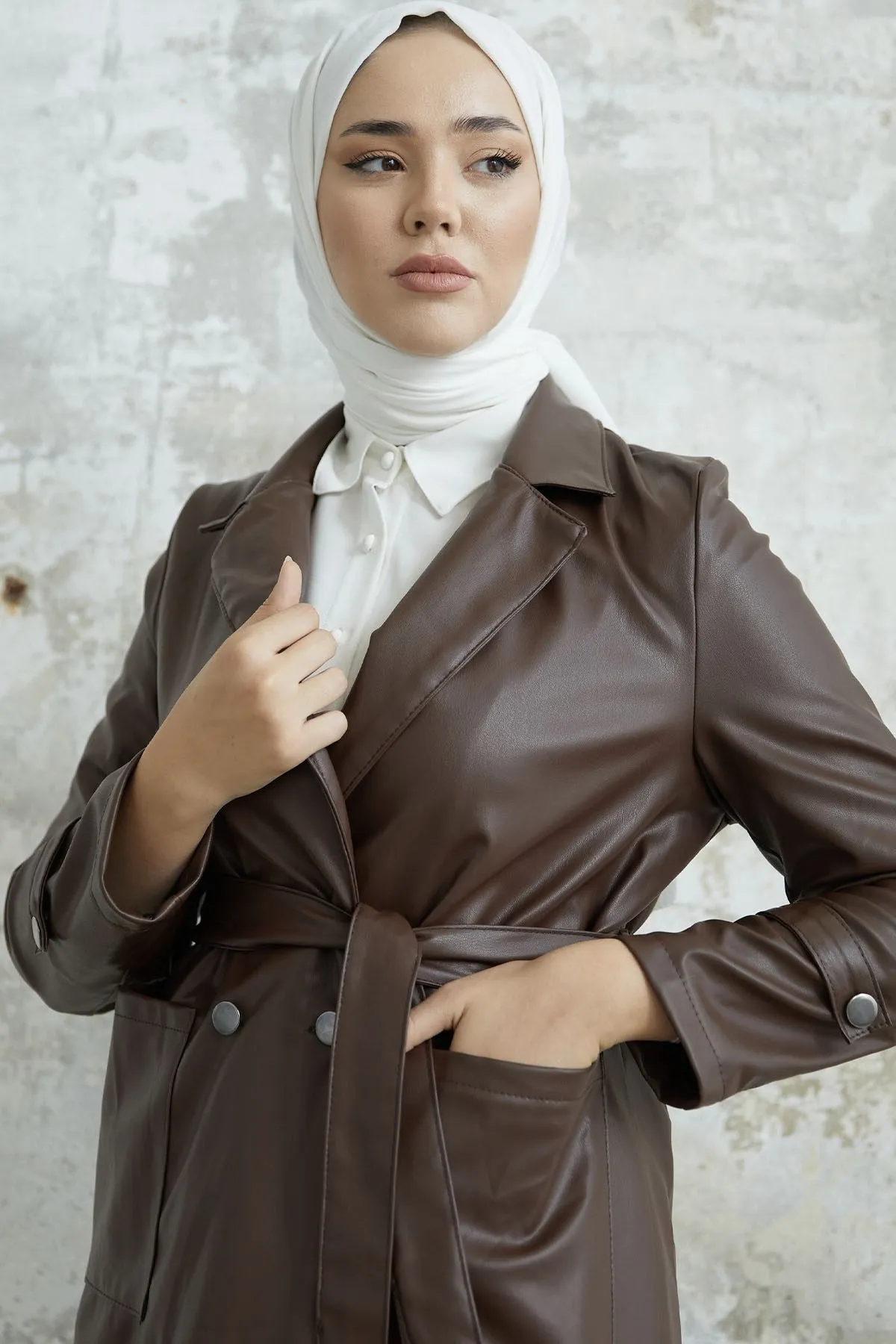MDS Women Now Cross Collar Leather Trench Coat - Bitter Coffee - Davis