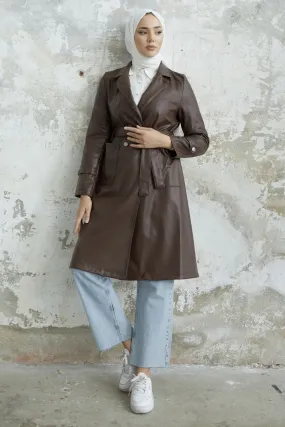 MDS Women Now Cross Collar Leather Trench Coat - Bitter Coffee - Davis