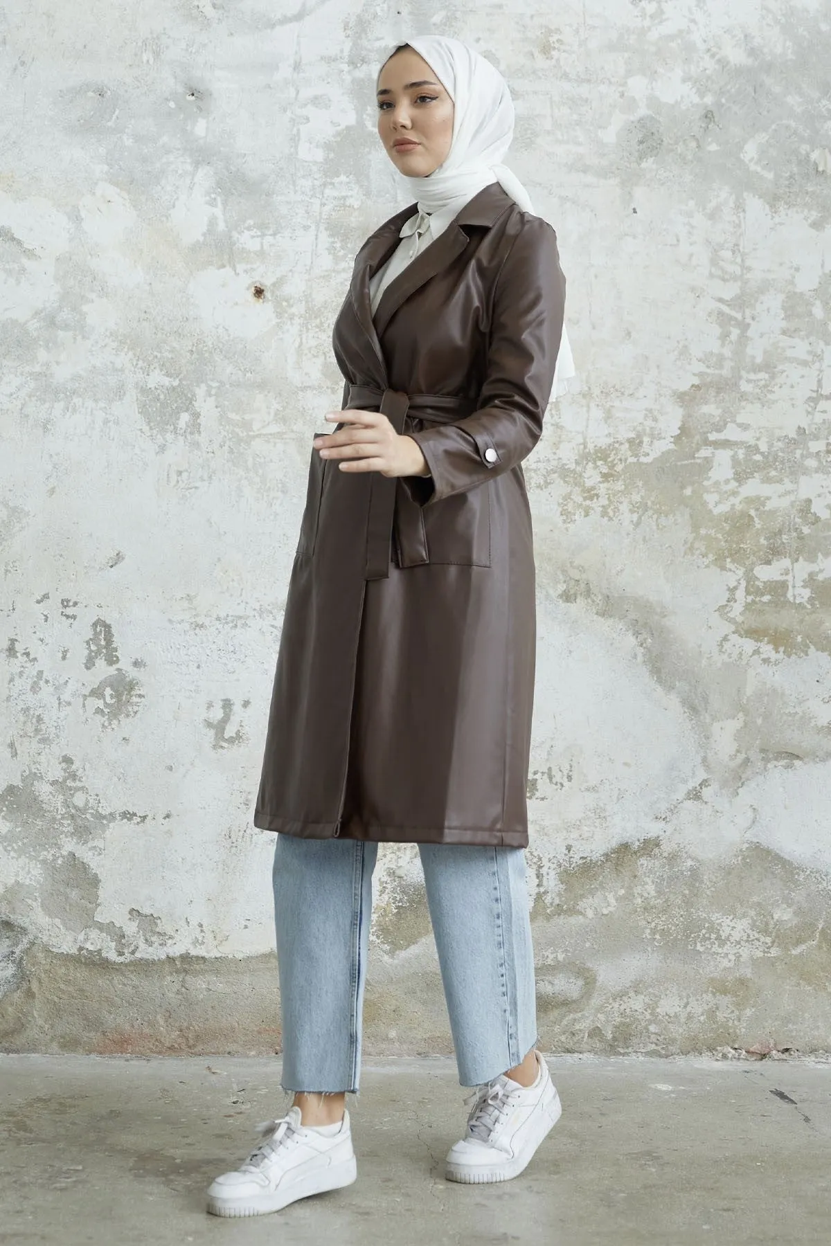 MDS Women Now Cross Collar Leather Trench Coat - Bitter Coffee - Davis