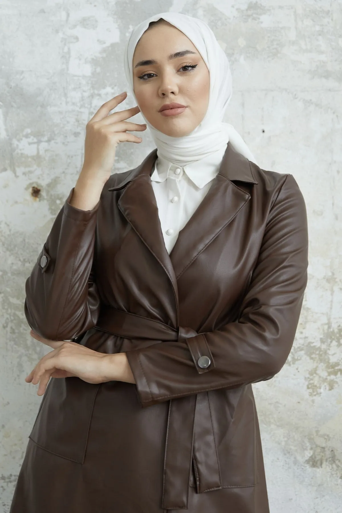 MDS Women Now Cross Collar Leather Trench Coat - Bitter Coffee - Davis