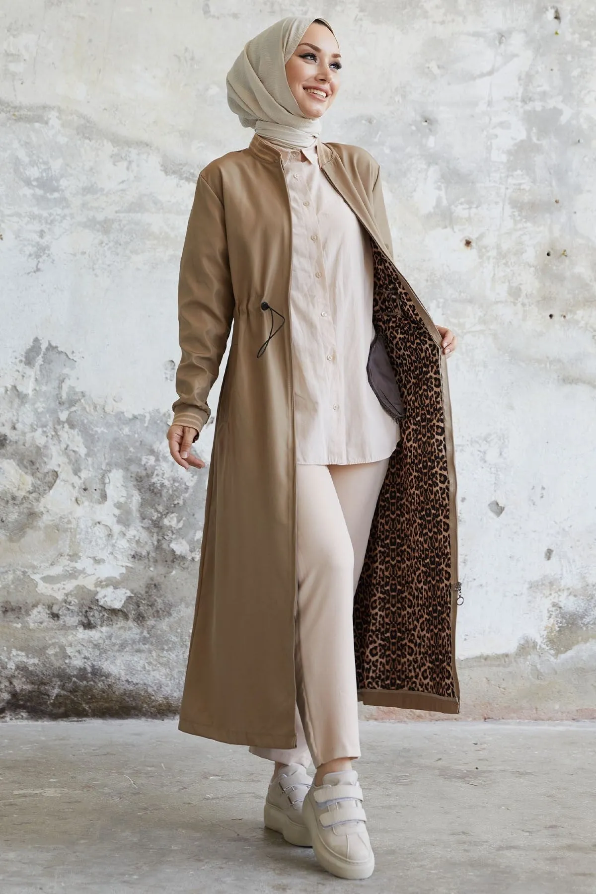 MDS Women Penny Collar Patterned Trench Coat - Beige - Battle Creek