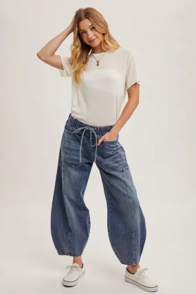 Med.Wash Denim Mid-Waist Drawstrings Barrel Jeans