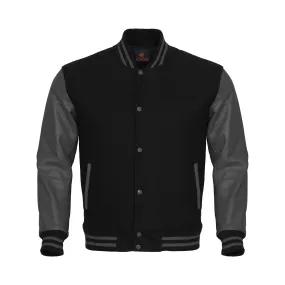 Mens Letterman Jacket Black Body and Gray Leather Sleeves Varsity Jacket
