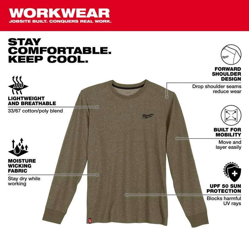 Milwaukee XL Long Sleeve Men's Crew Neck Green Hybrid Work Tee Shirt
