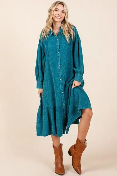 Mittoshop Topaz Blue Mineral Wash Cotton Gauze Ruffle Midi Shirt Dress