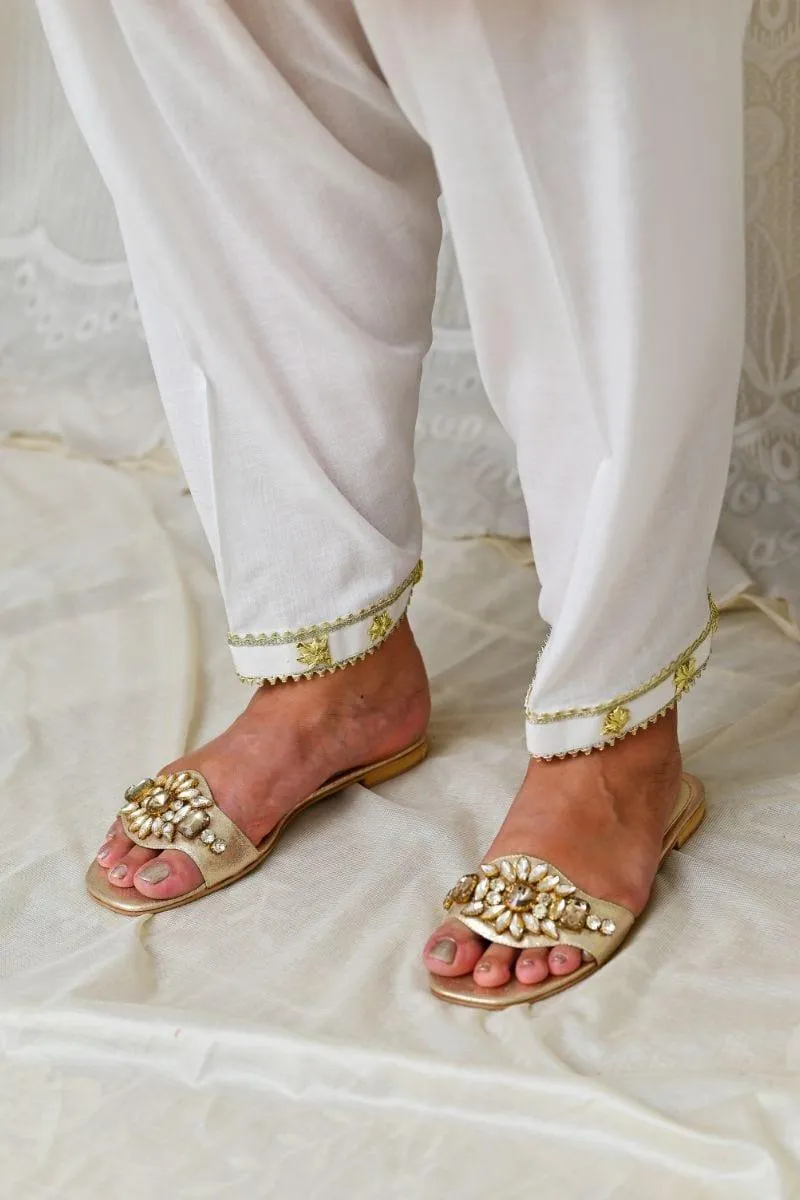Mom4Little - White Royal Embellished Shalwar with traditional Gold gota  AYW-001 - Cotton