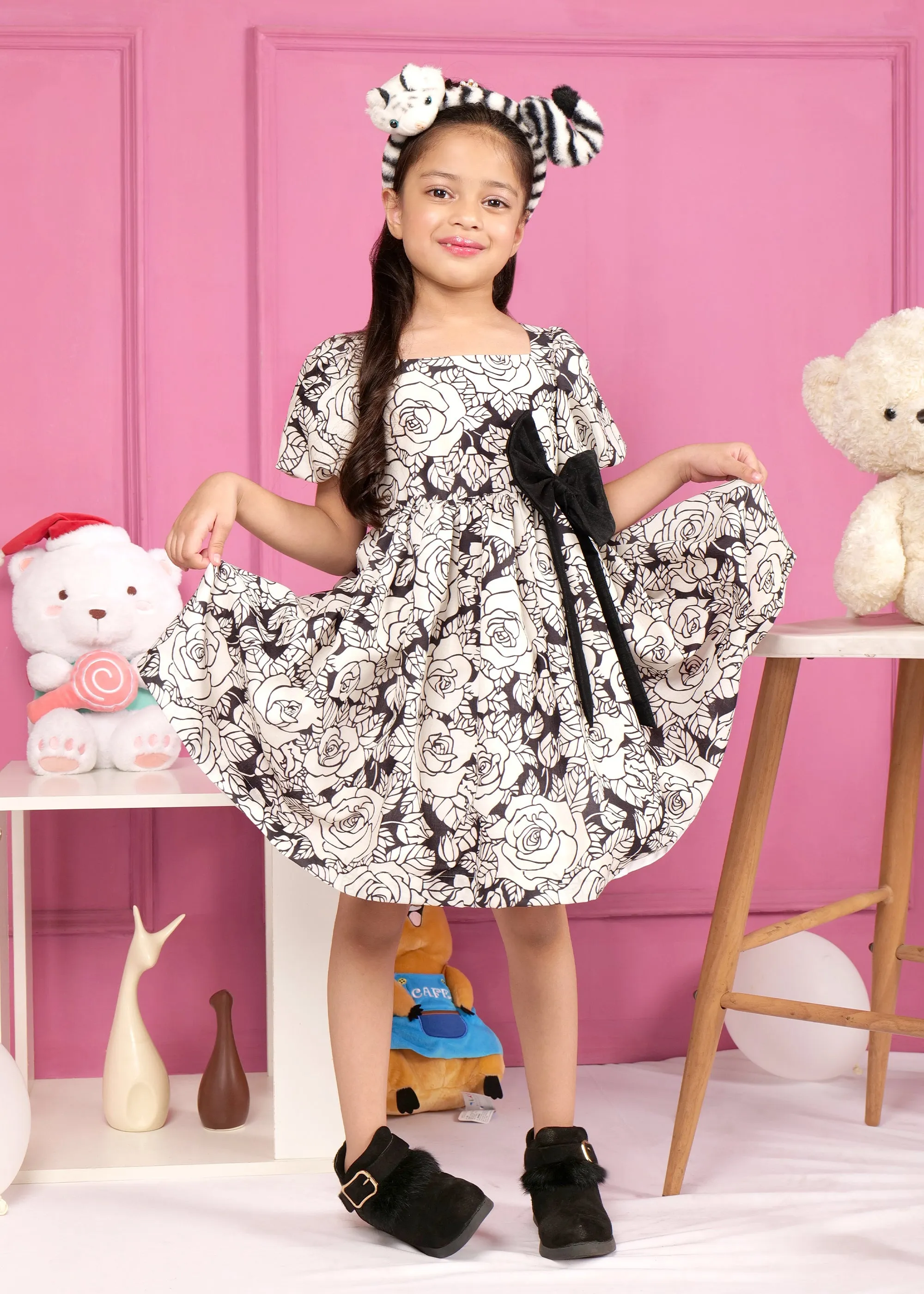 Monochrome Bloom Bow Dress