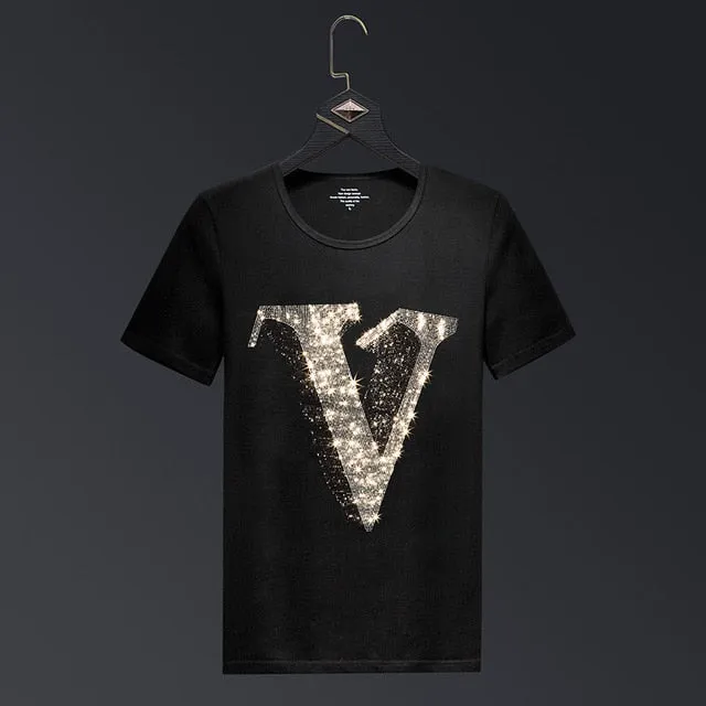 Monochrome V Letter Rhinestone Men Short Sleeve T-shirt