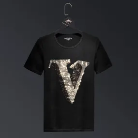 Monochrome V Letter Rhinestone Men Short Sleeve T-shirt