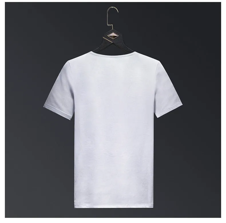 Monochrome V Letter Rhinestone Men Short Sleeve T-shirt