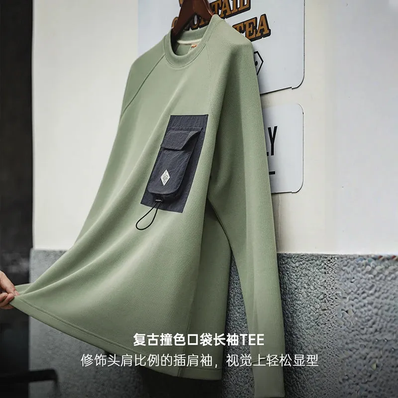 Mountain System Color Collision Pocket Long-sleeved T-shirt with Functional Wind and Round Neck