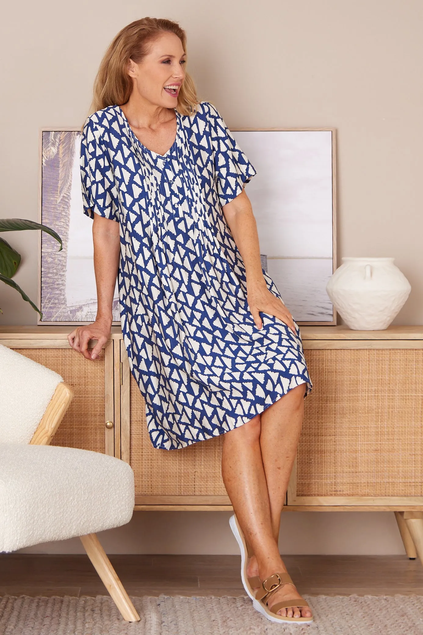 Mysha Dress - Navy/Ivory Geo Print