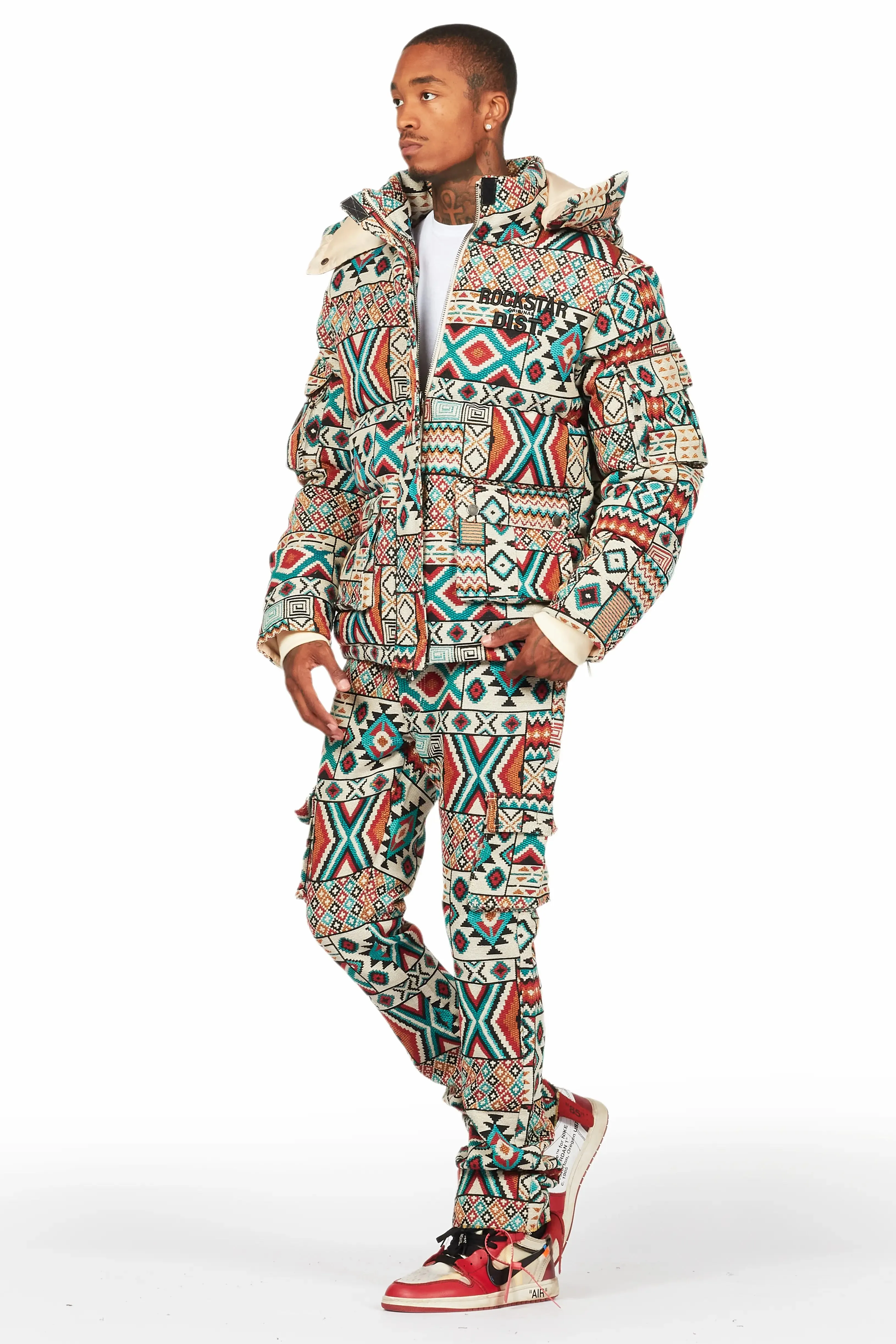 Nard Beige Multi Tapestry Stacked Flare Jean