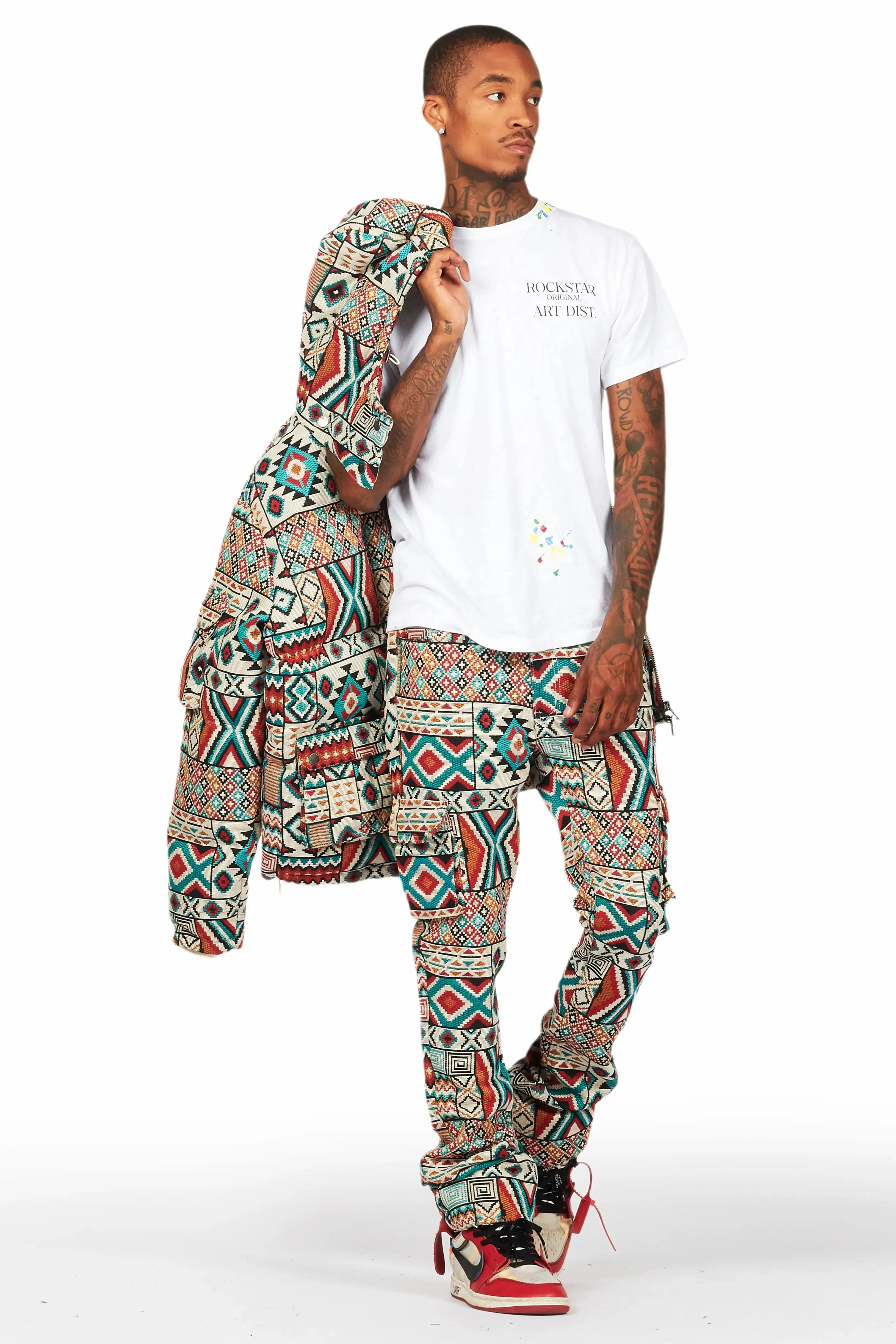 Nard Beige Multi Tapestry Stacked Flare Jean