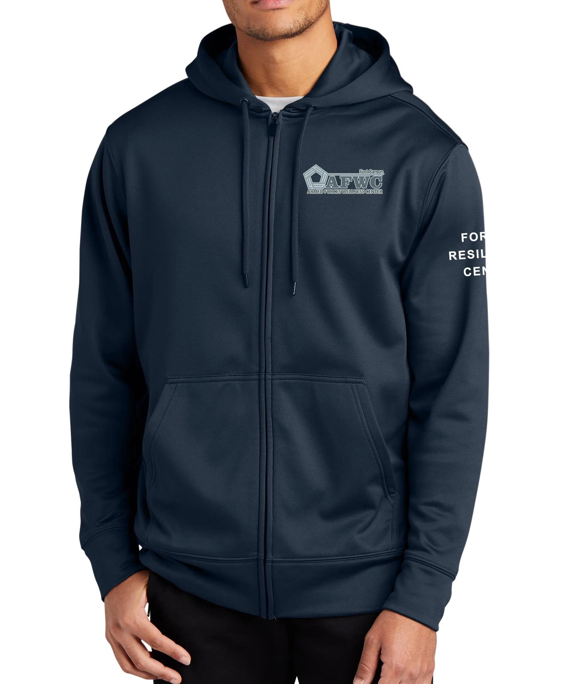 Navy Full Zip Polyester Hoodie Unisex Sweatshirt. Art on Back