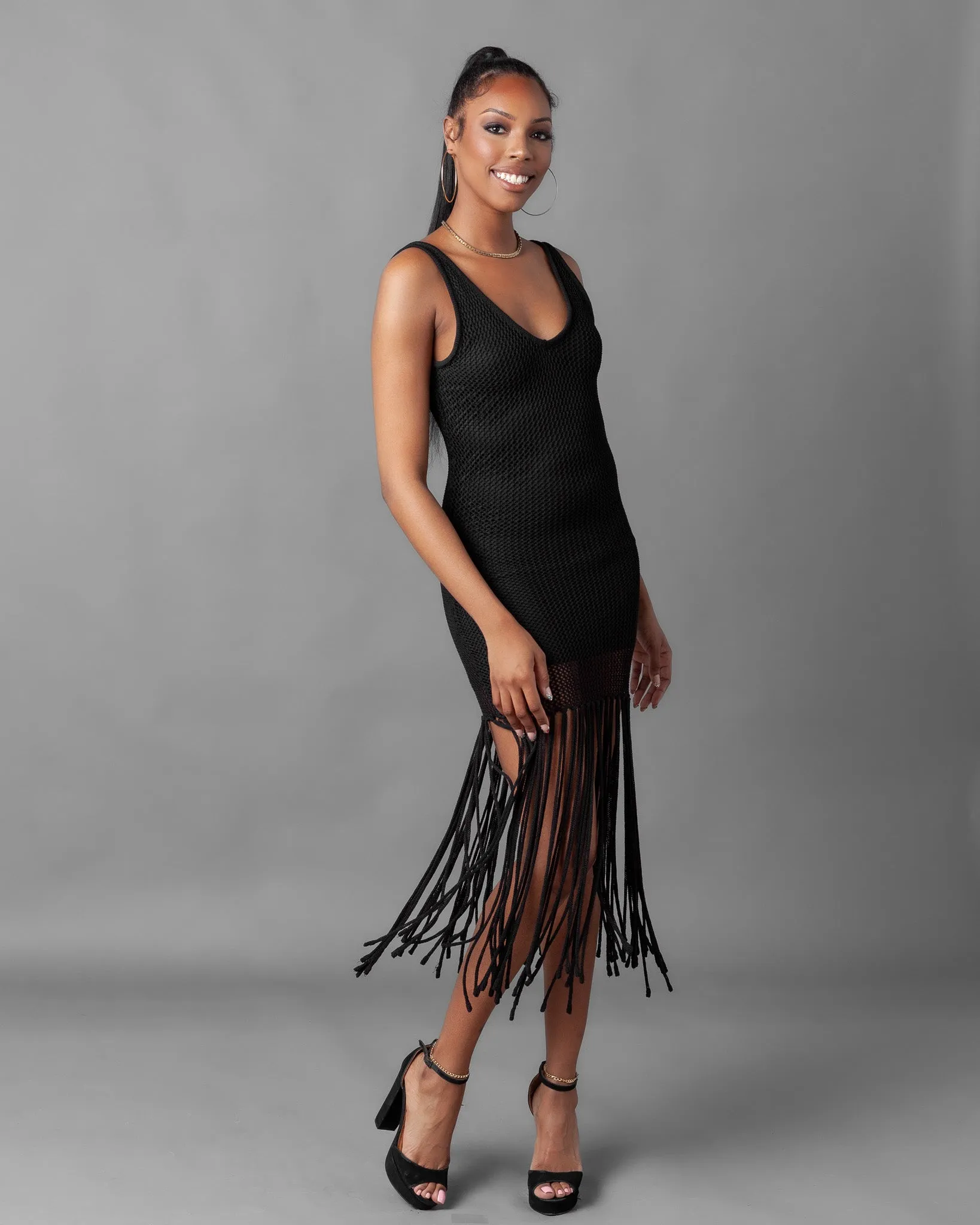 Odessa Crochet Knit Fringe Sleeveless Midi Dress