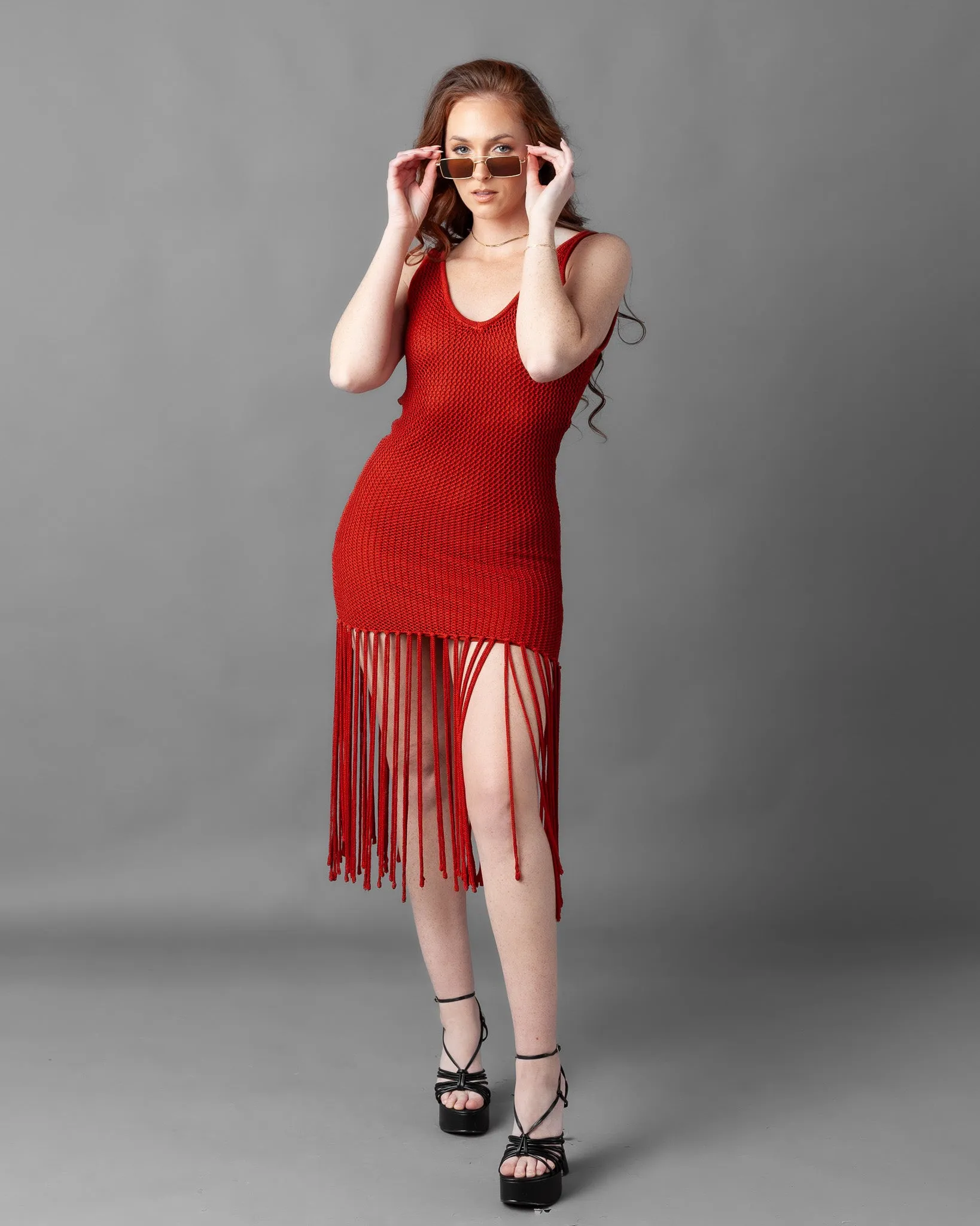 Odessa Crochet Knit Fringe Sleeveless Midi Dress