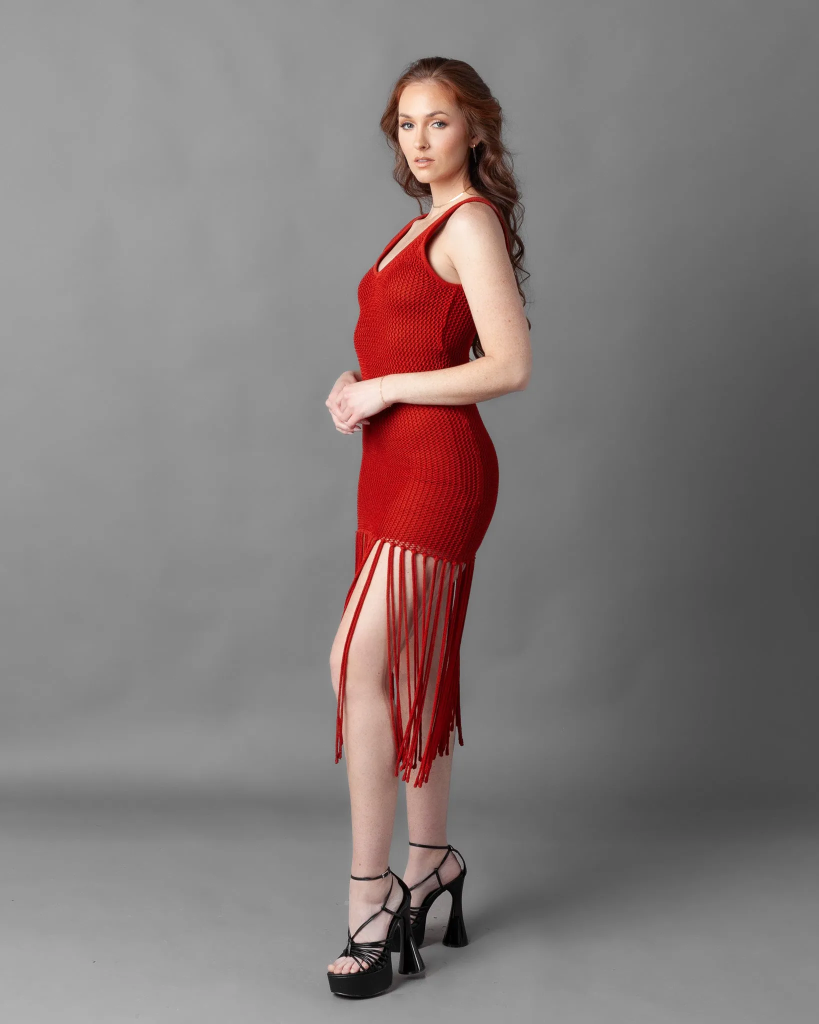 Odessa Crochet Knit Fringe Sleeveless Midi Dress