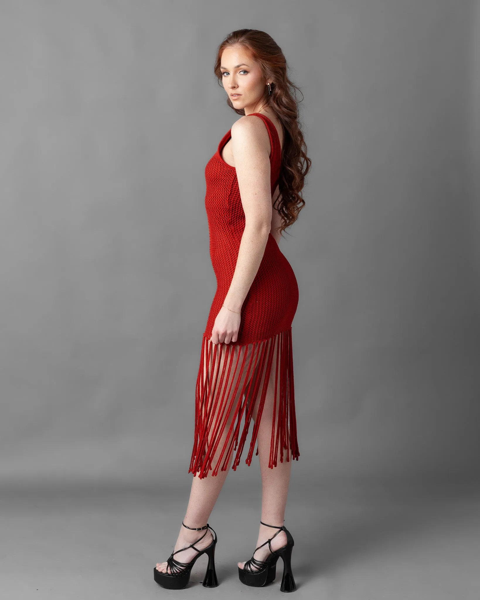 Odessa Crochet Knit Fringe Sleeveless Midi Dress