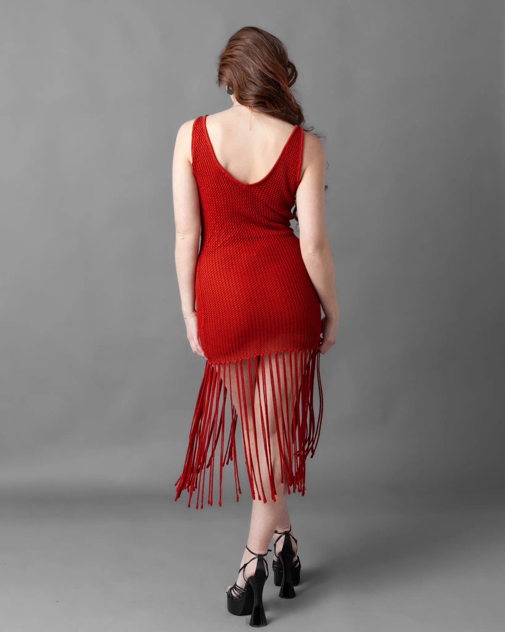 Odessa Crochet Knit Fringe Sleeveless Midi Dress