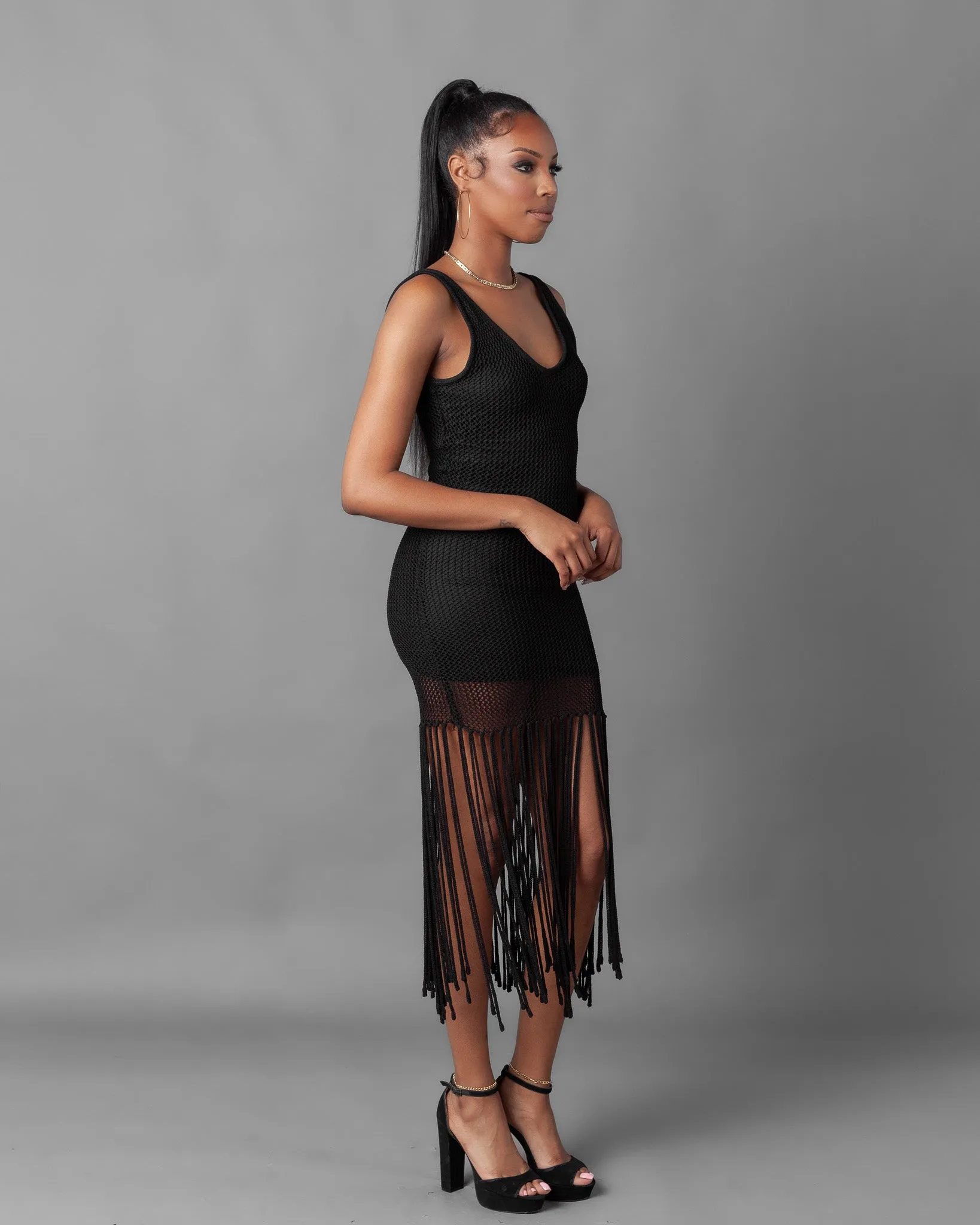 Odessa Crochet Knit Fringe Sleeveless Midi Dress
