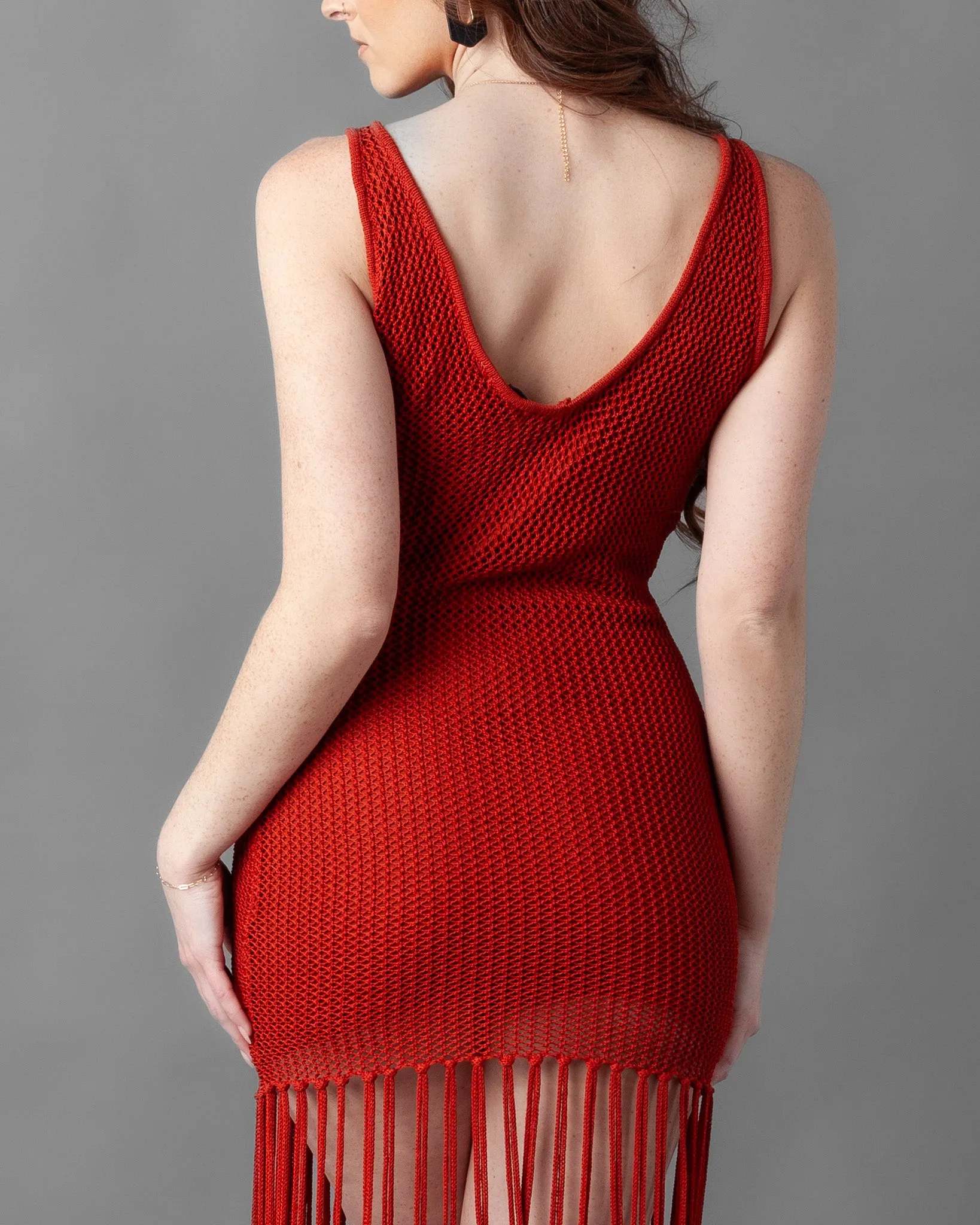 Odessa Crochet Knit Fringe Sleeveless Midi Dress