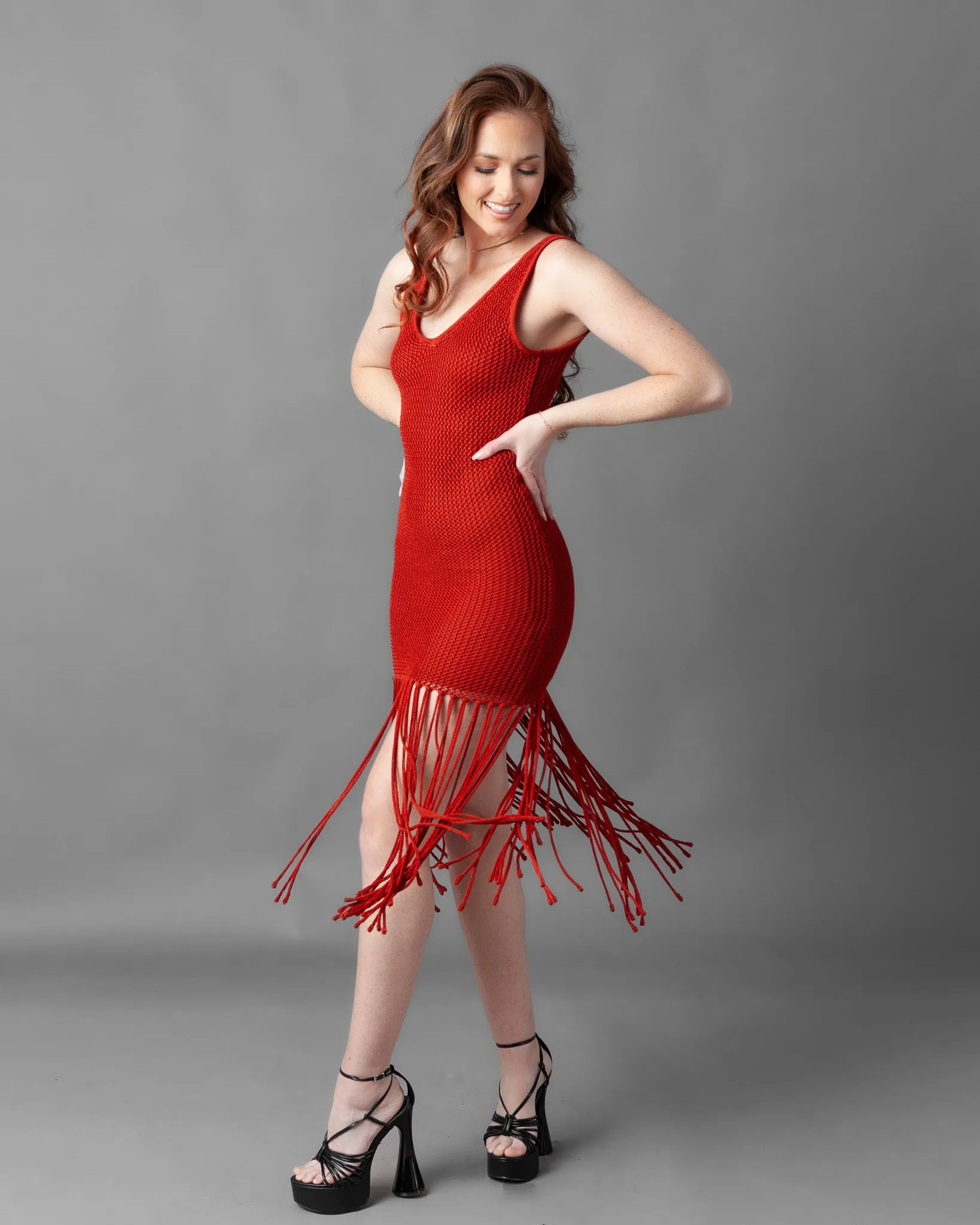 Odessa Crochet Knit Fringe Sleeveless Midi Dress
