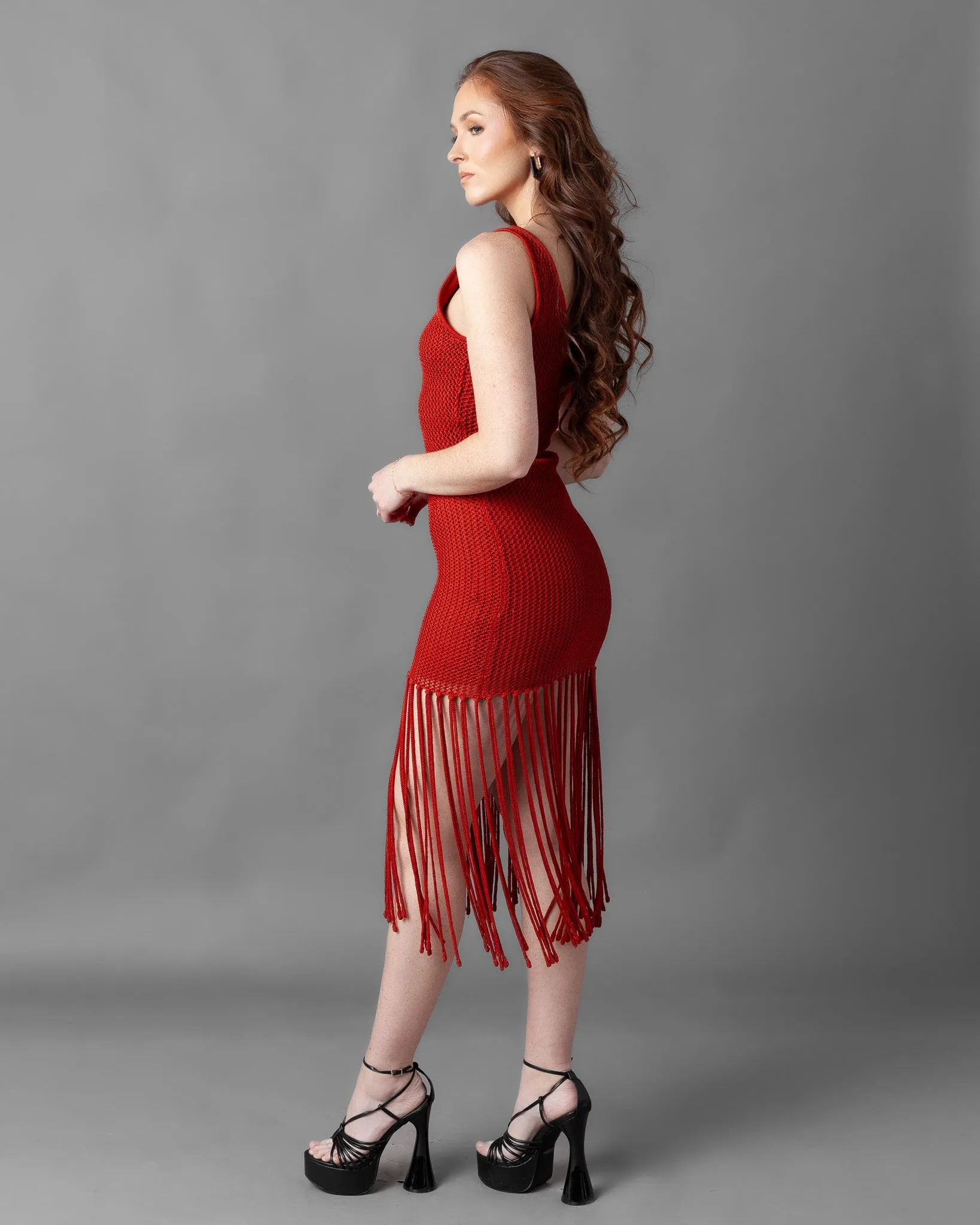 Odessa Crochet Knit Fringe Sleeveless Midi Dress