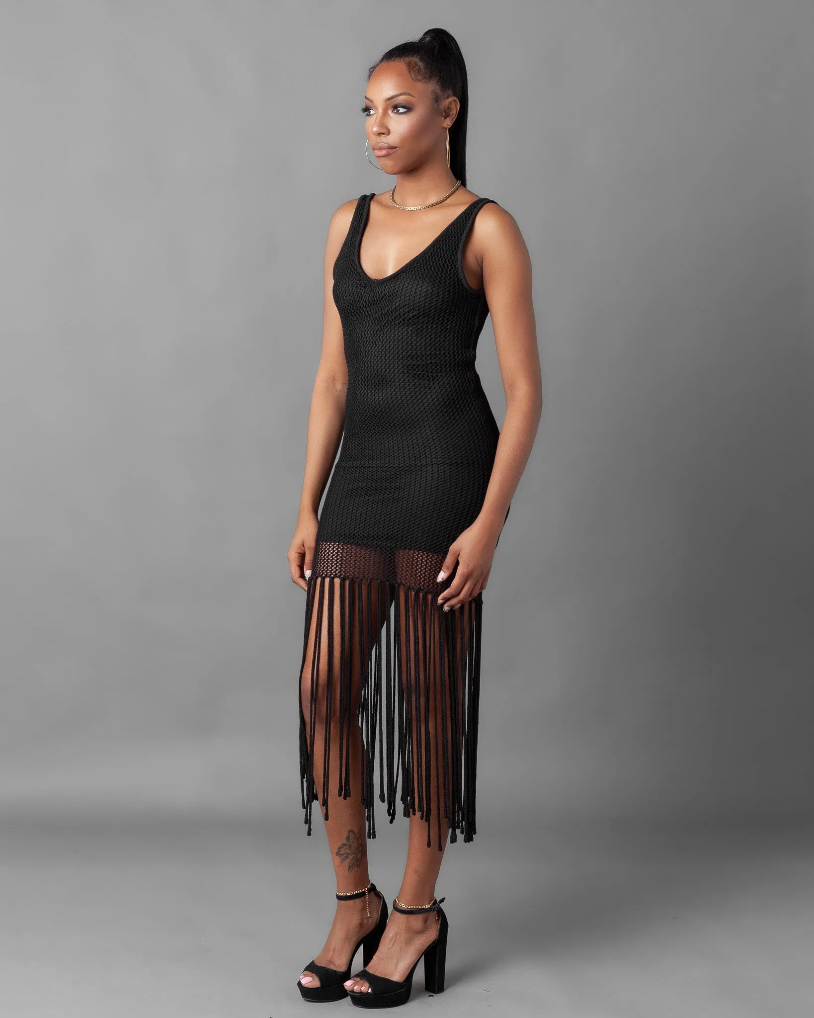 Odessa Crochet Knit Fringe Sleeveless Midi Dress