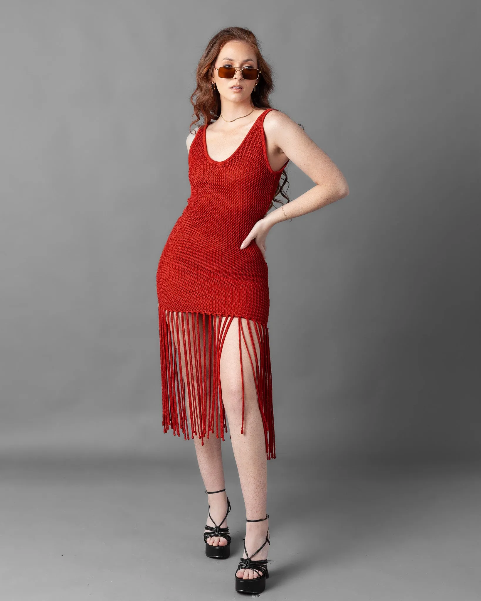 Odessa Crochet Knit Fringe Sleeveless Midi Dress