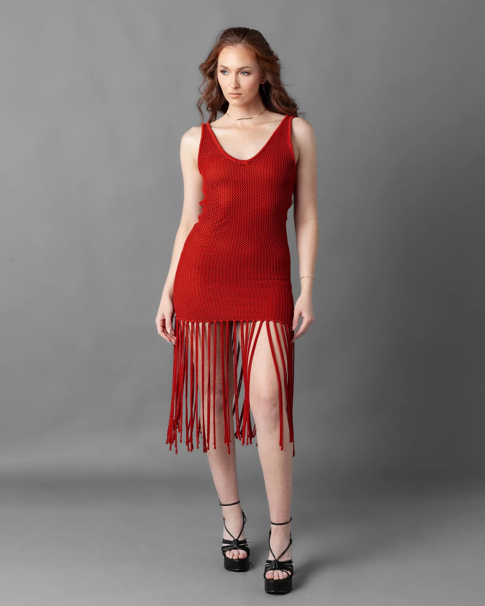 Odessa Crochet Knit Fringe Sleeveless Midi Dress