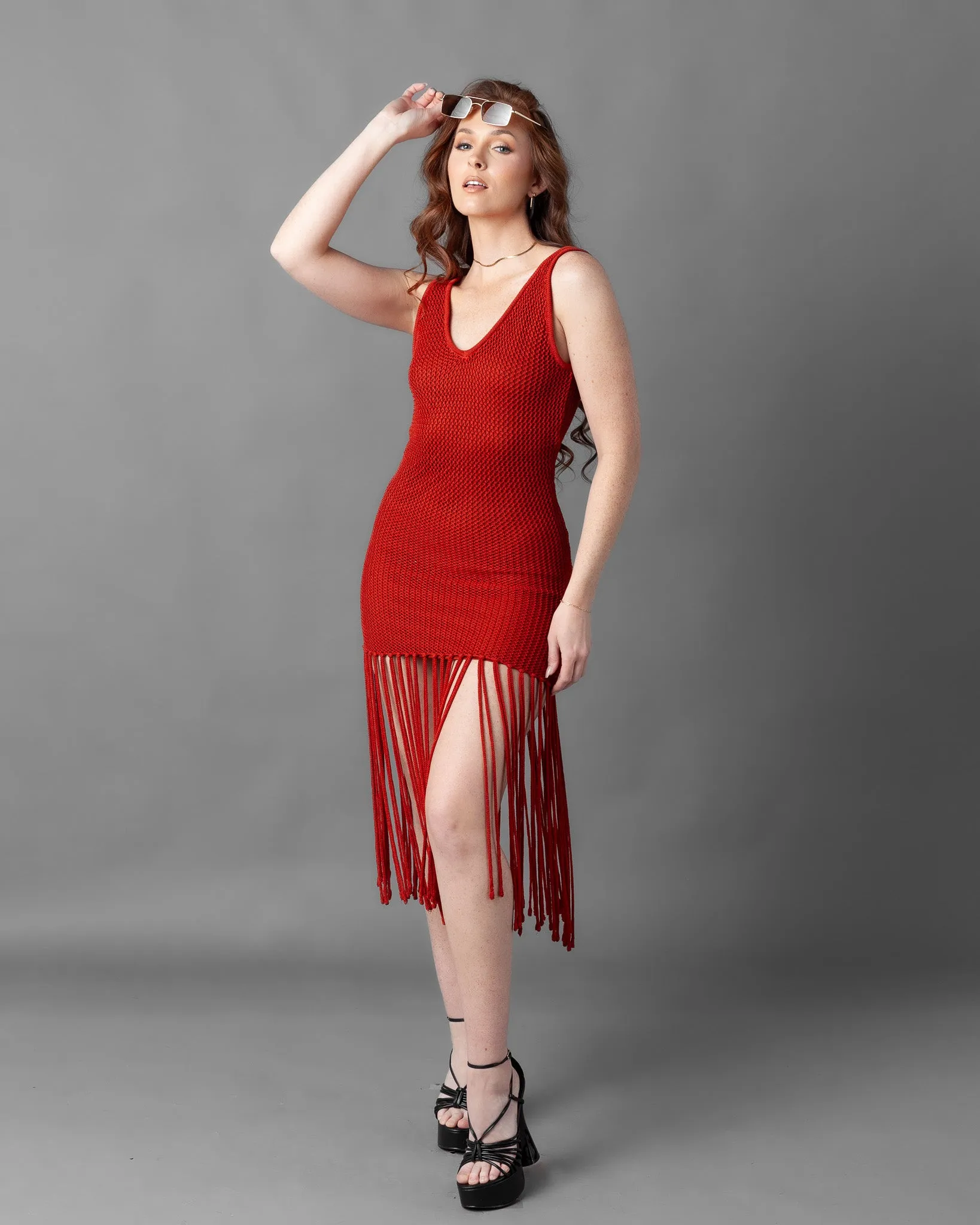 Odessa Crochet Knit Fringe Sleeveless Midi Dress