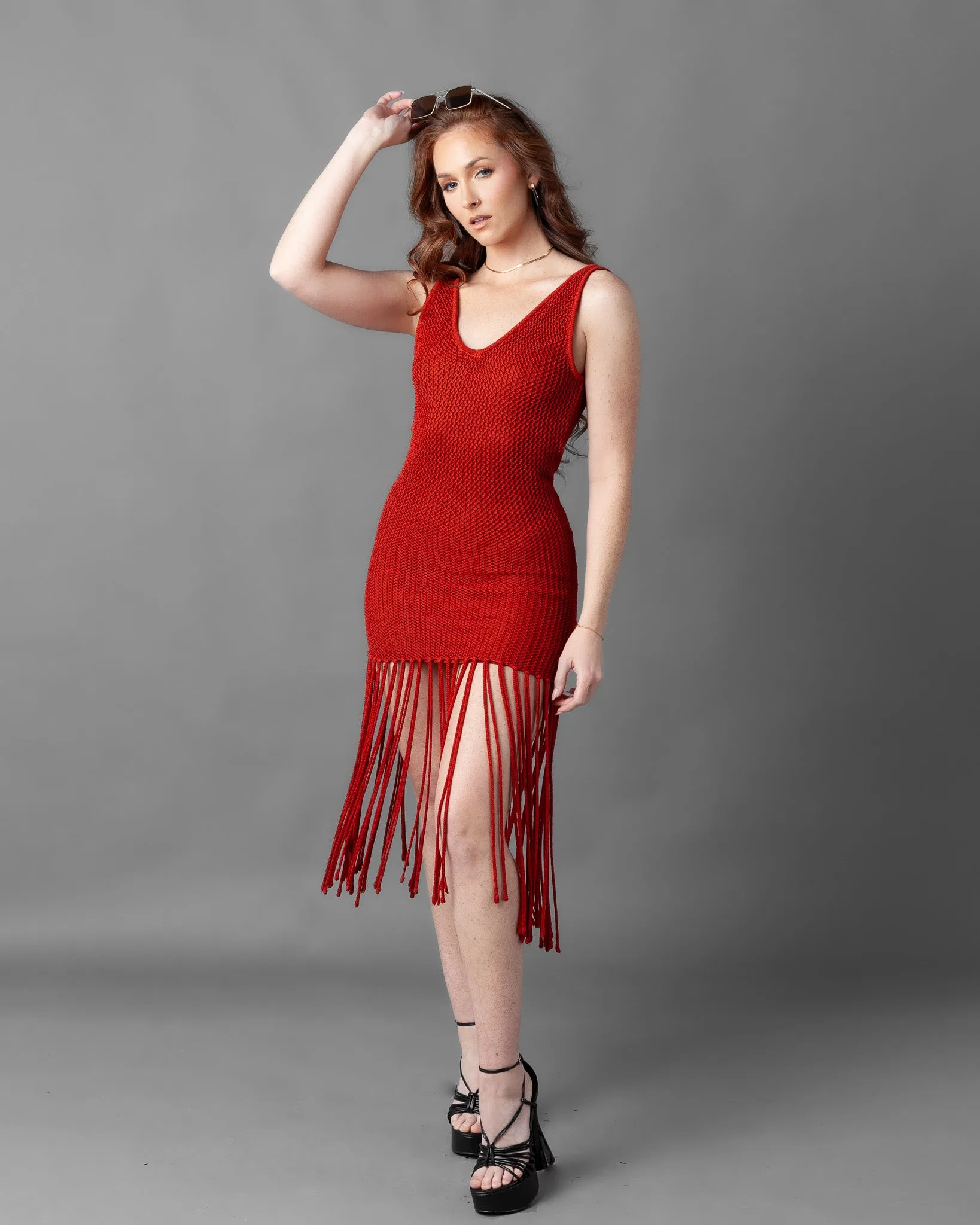 Odessa Crochet Knit Fringe Sleeveless Midi Dress