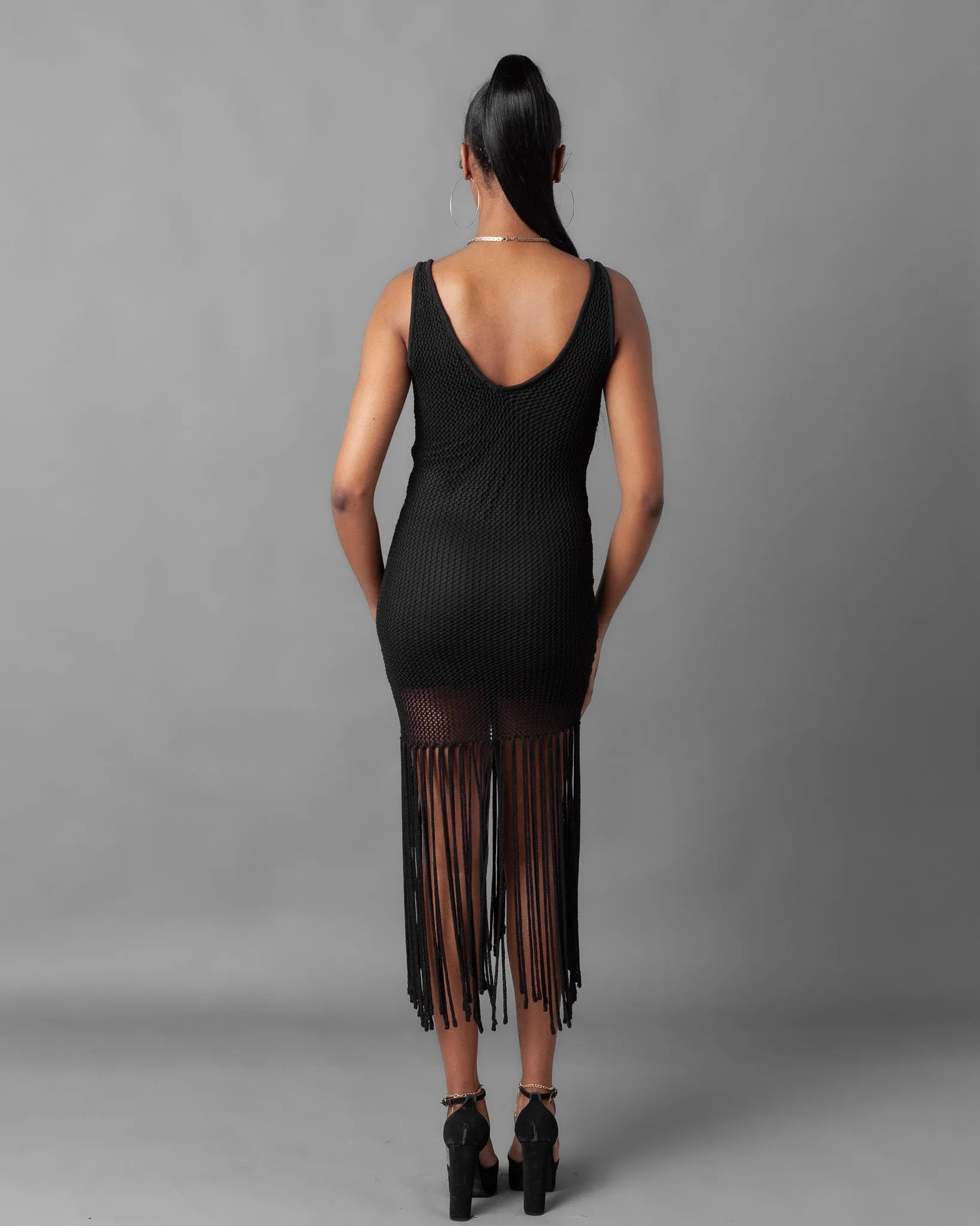 Odessa Crochet Knit Fringe Sleeveless Midi Dress