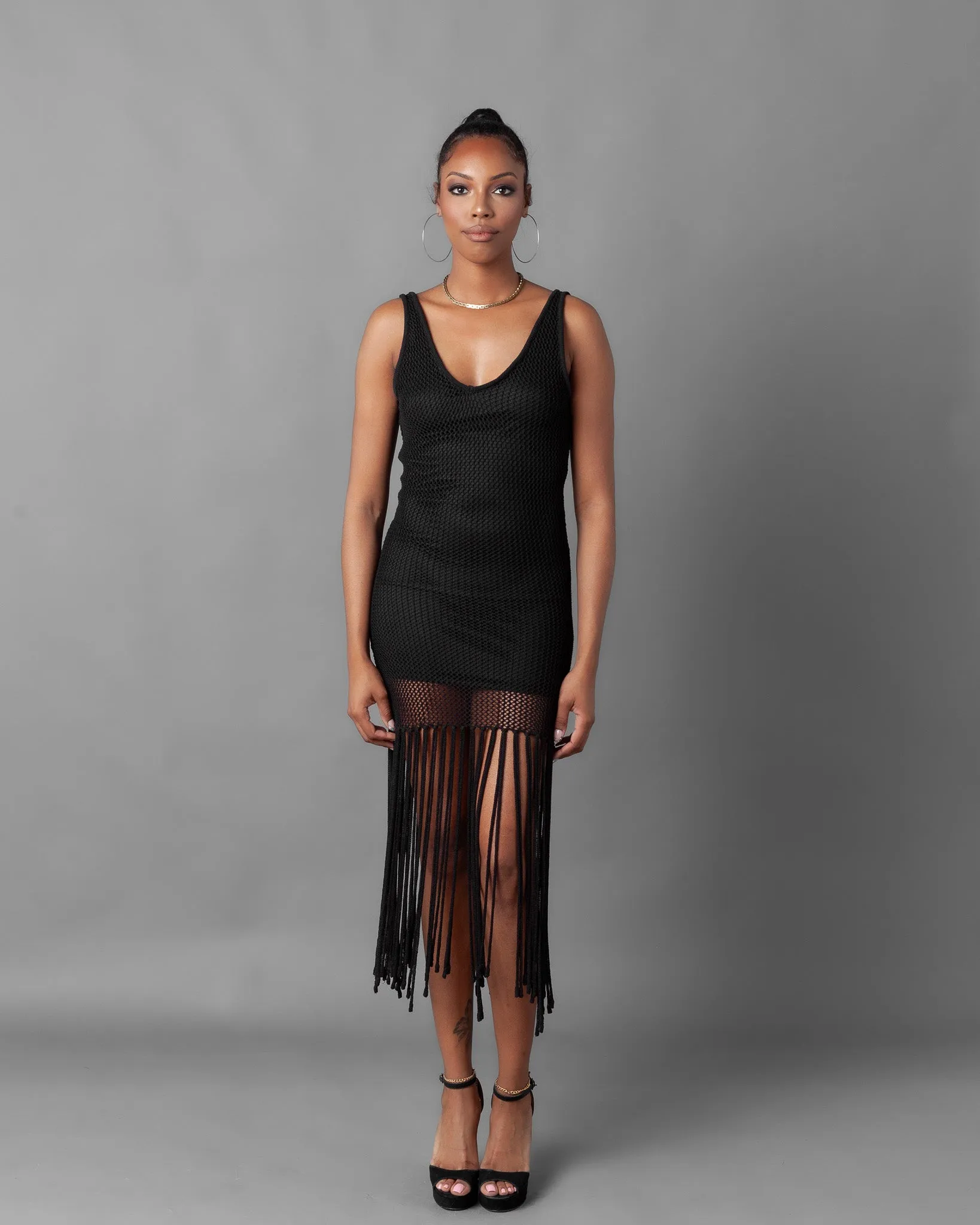 Odessa Crochet Knit Fringe Sleeveless Midi Dress
