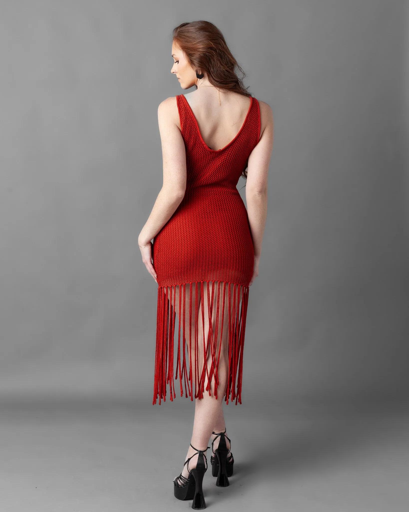 Odessa Crochet Knit Fringe Sleeveless Midi Dress