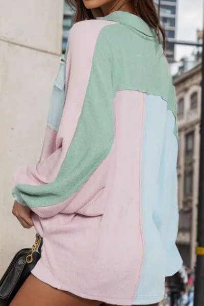 Pastel Colors Color Block Button Up Shacket