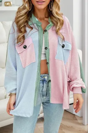 Pastel Colors Color Block Button Up Shacket