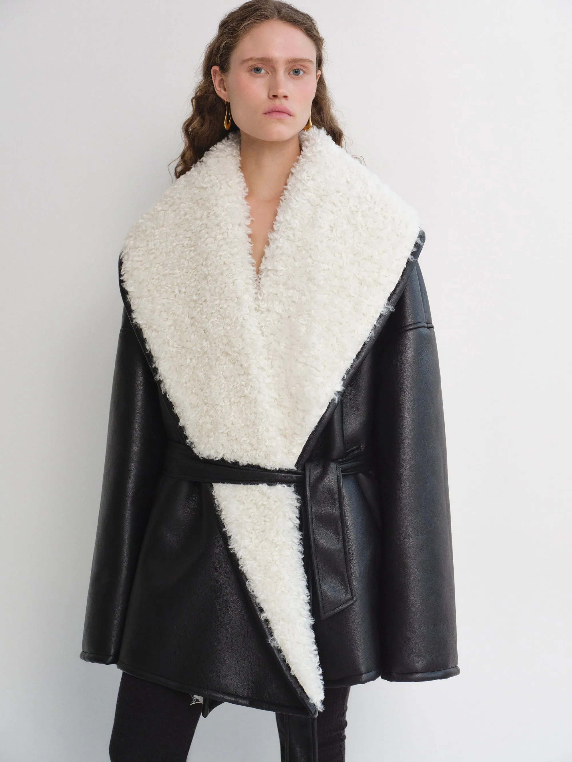 Paula Shawl Collar Shearling Leather Jacket, White