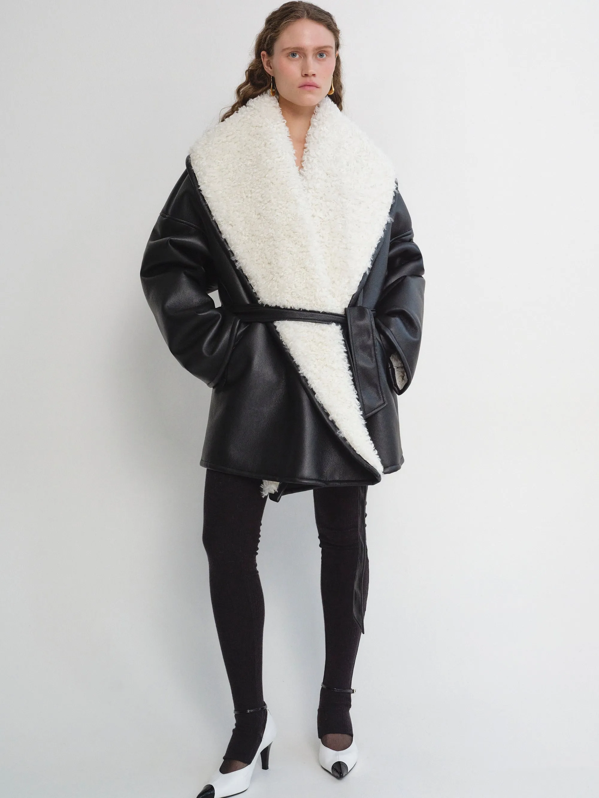 Paula Shawl Collar Shearling Leather Jacket, White