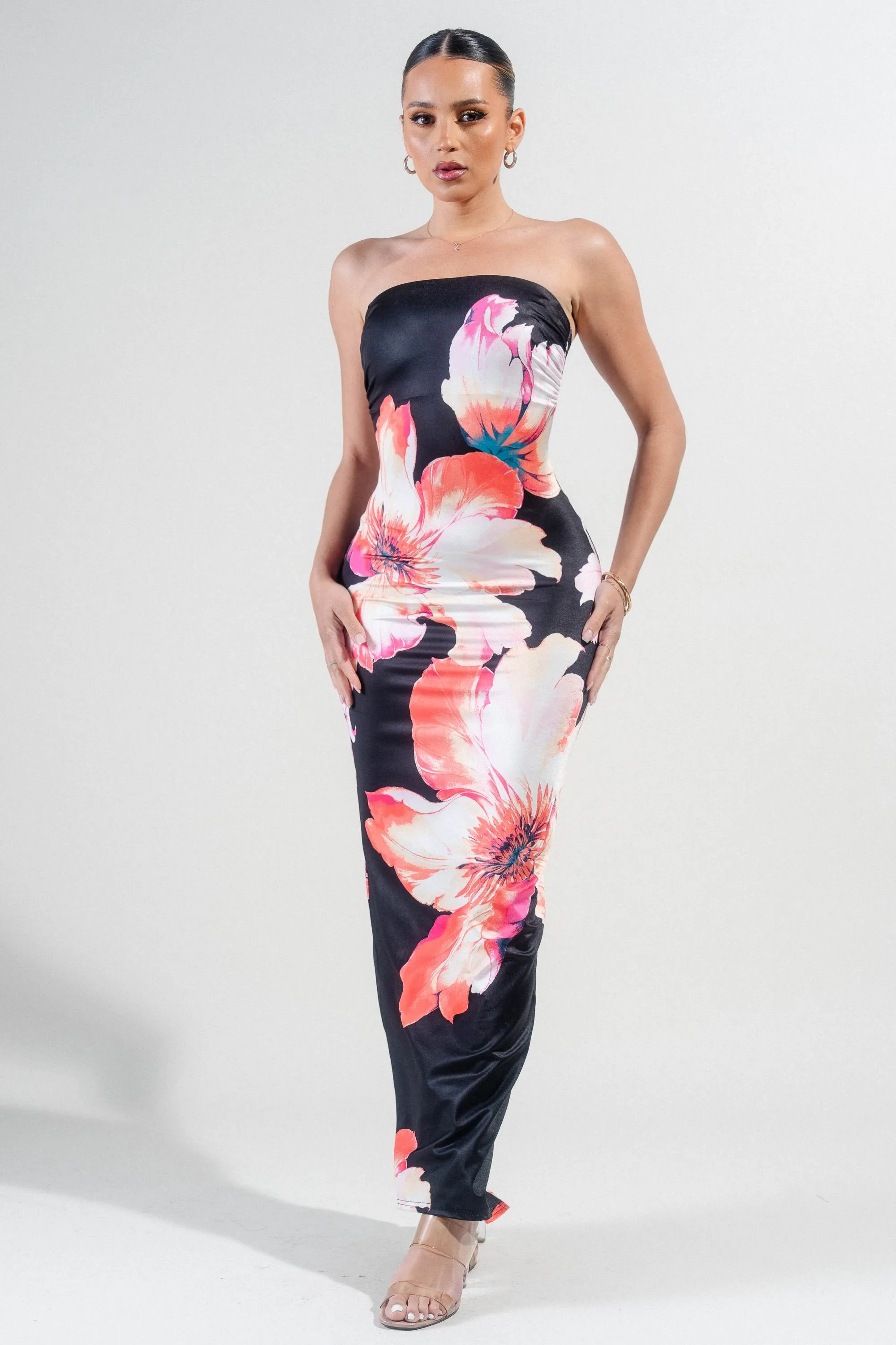 PD78345S-W / KNIT SATIN PRINT TUBE MAXI DRESS