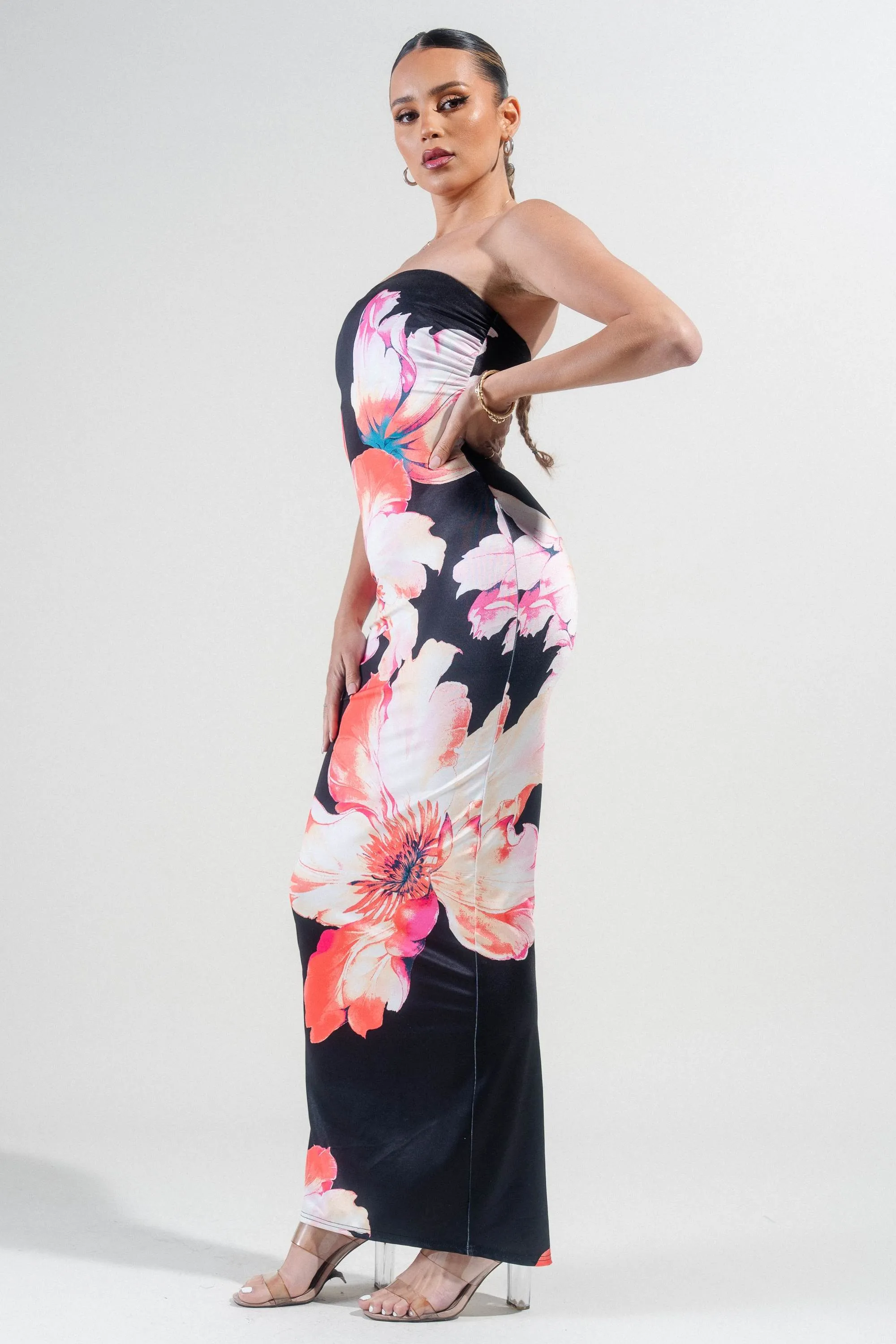 PD78345S-W / KNIT SATIN PRINT TUBE MAXI DRESS