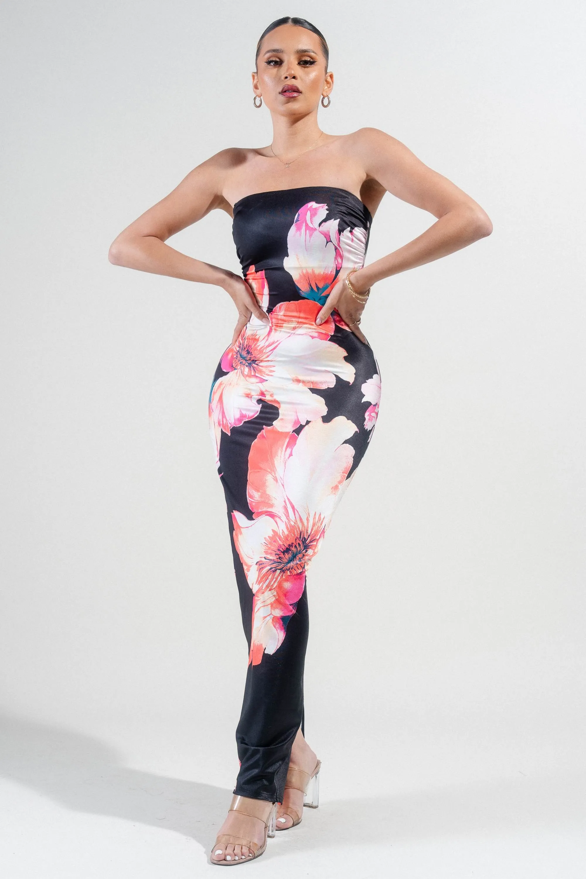 PD78345S-W / KNIT SATIN PRINT TUBE MAXI DRESS