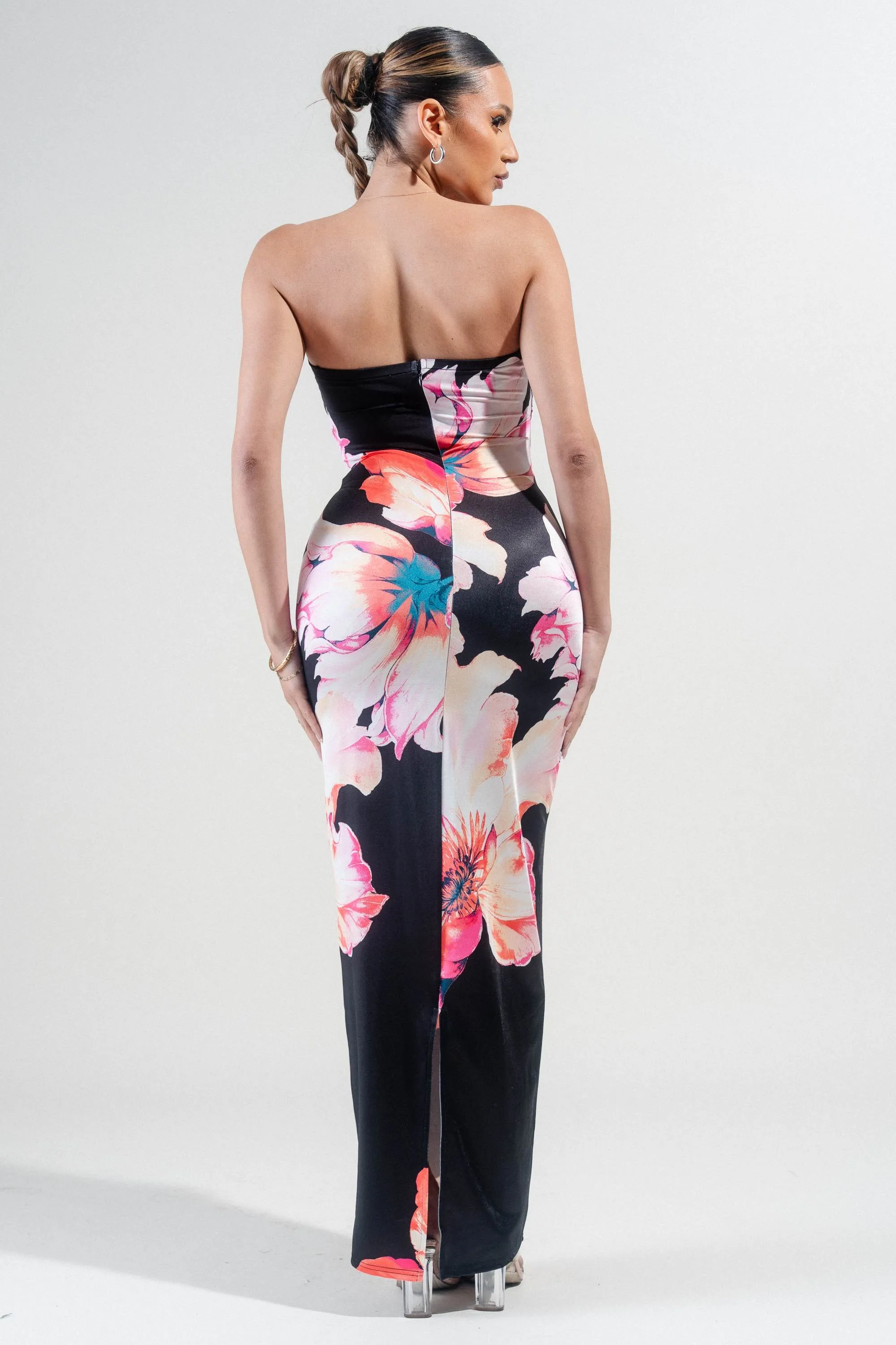PD78345S-W / KNIT SATIN PRINT TUBE MAXI DRESS