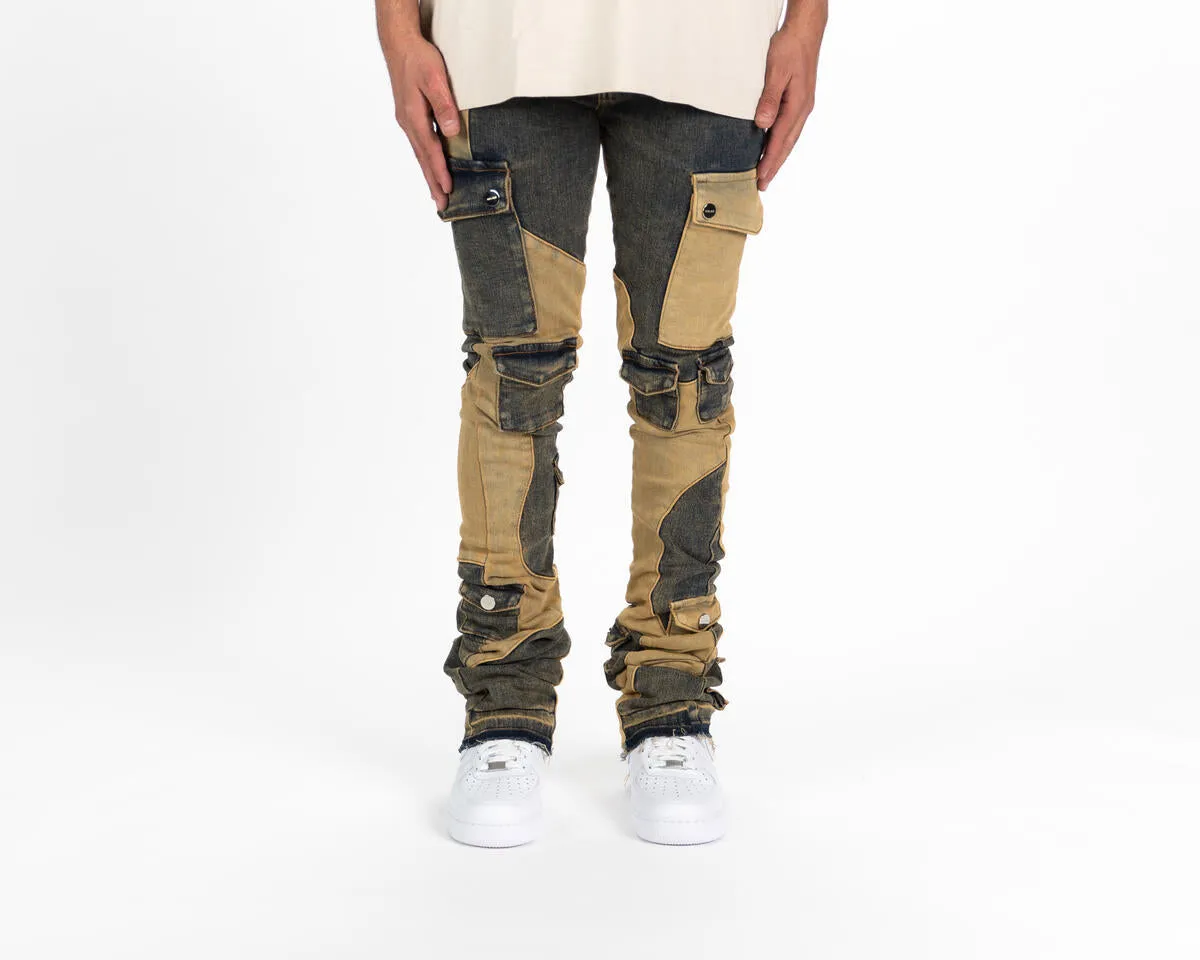 Pheelings MY PLEASURE CARGO FLARE STACK DENIM (SAND/MEDIUM BLUE)